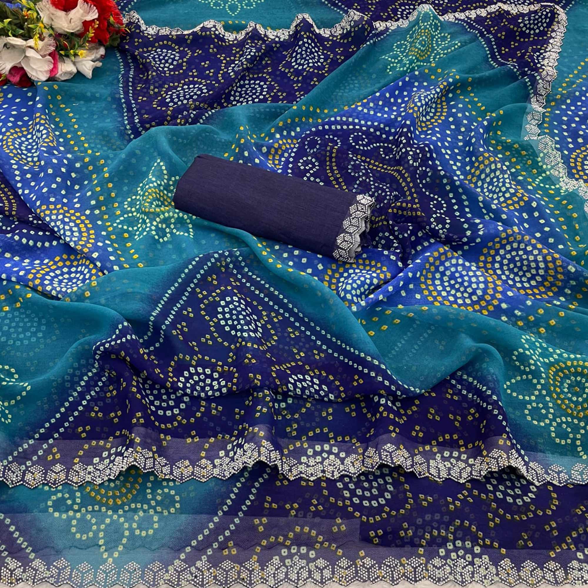 Blue Georgette Saree With Traditional Bandhani Print And Sparkling Stone Work Border