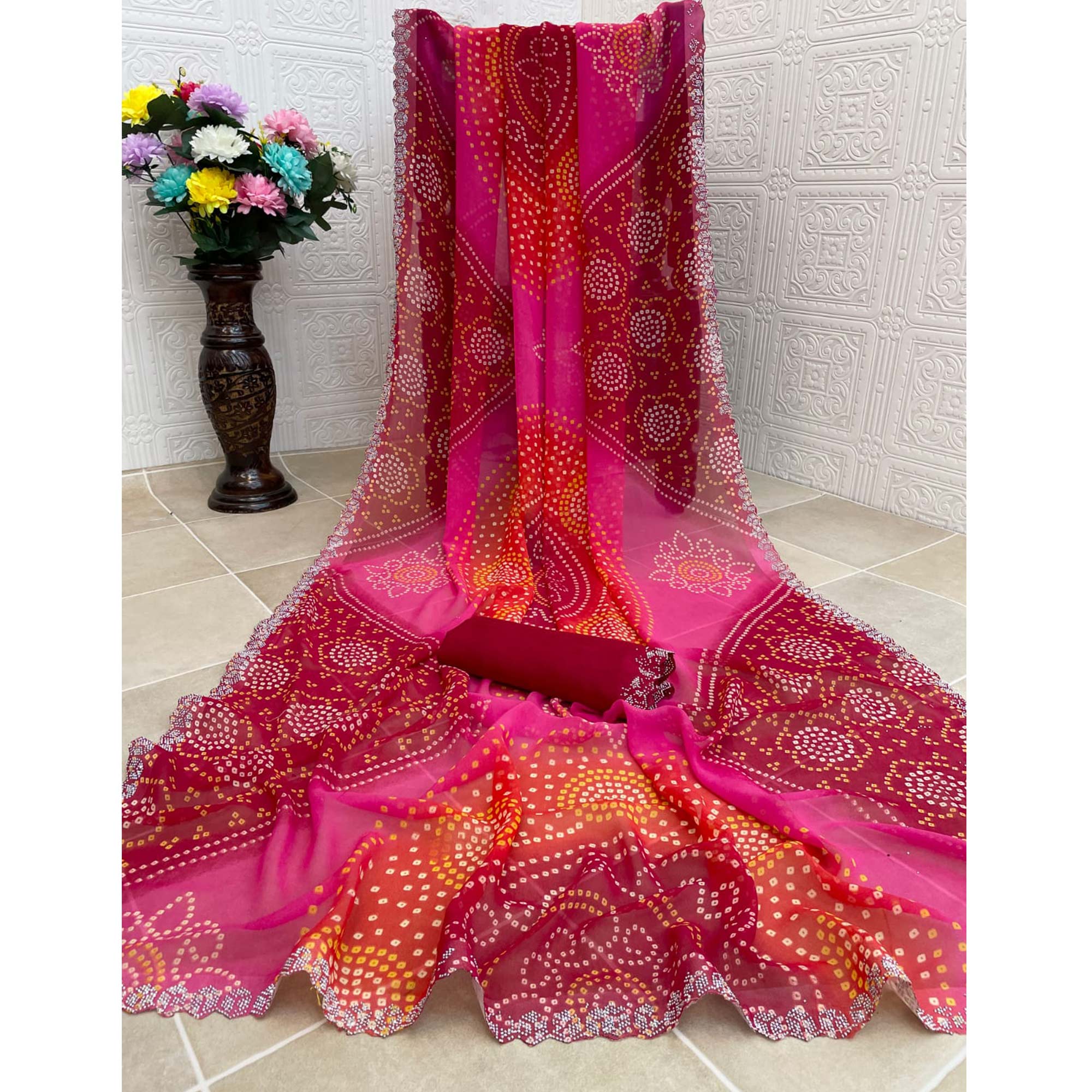 Red & Pink Georgette Saree With Traditional Bandhani Print And Sparkling Stone Work Border