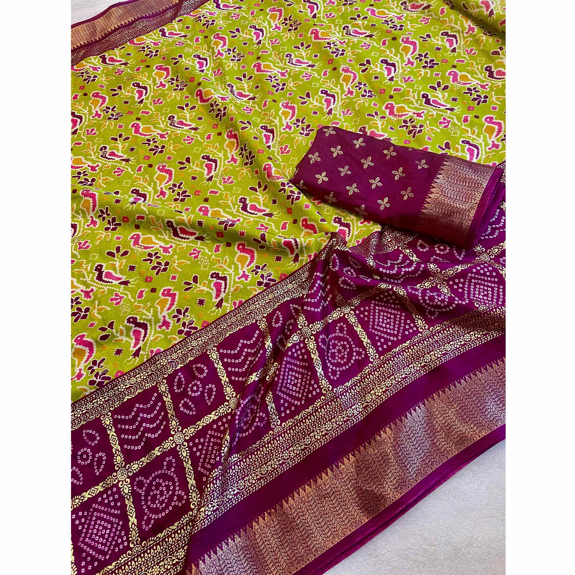 Green Patola Printed Dola Silk Saree With Zari Border