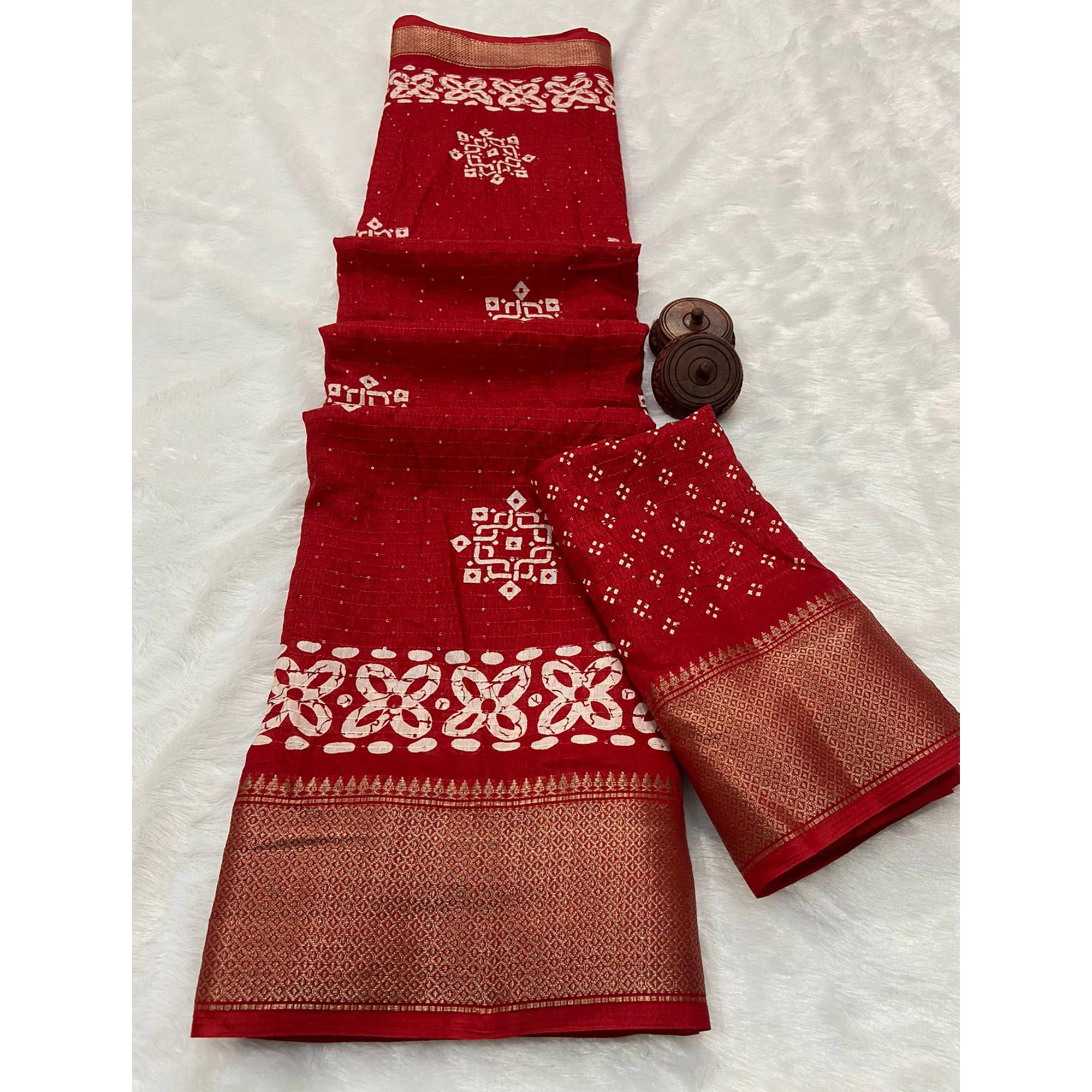 Red Printed With Sequins Work Dola Silk Saree