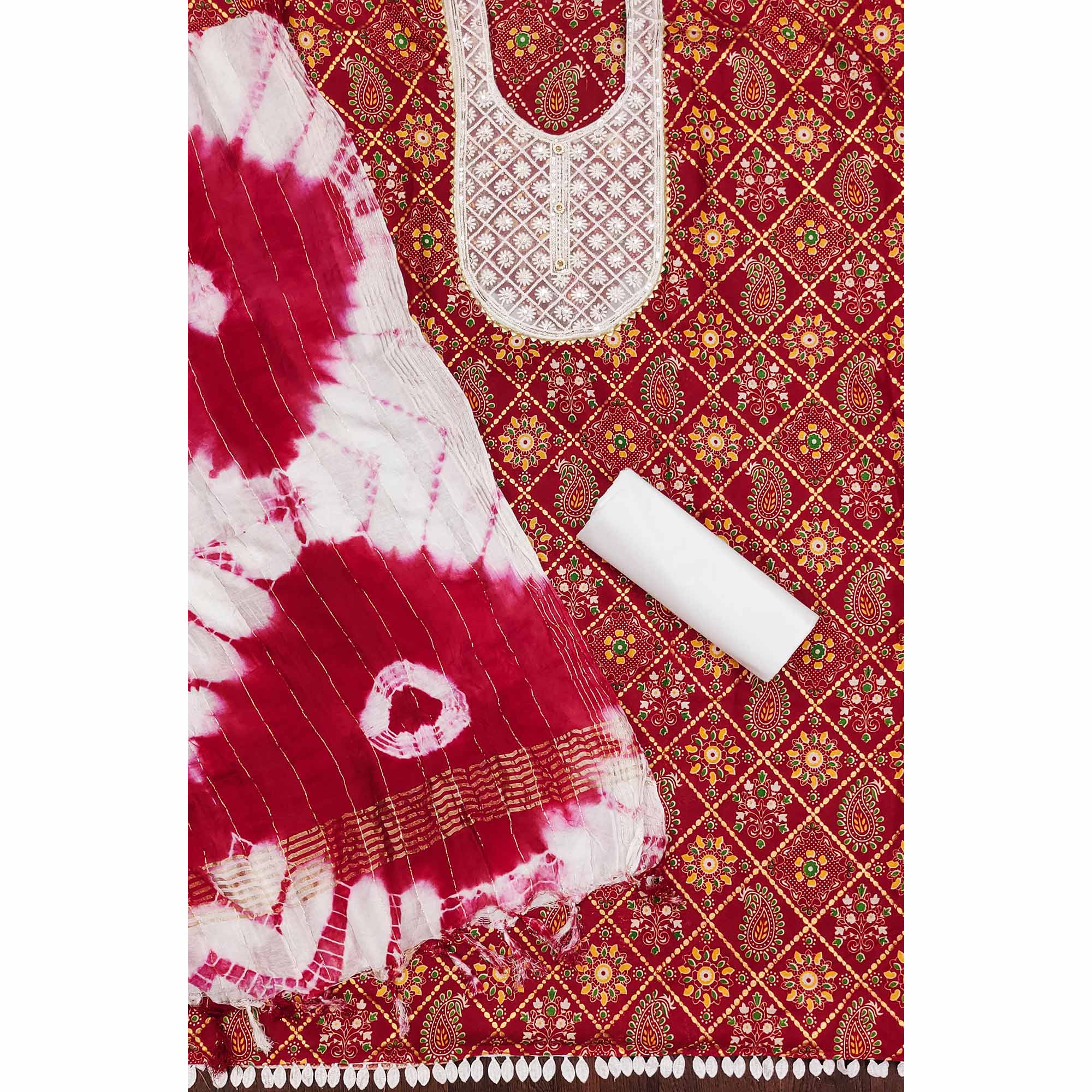 Red Printed With Embroidered Pure Cotton Dress Material