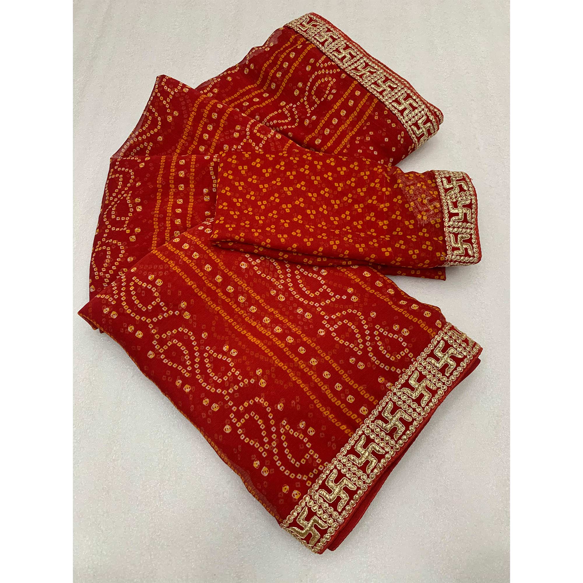 Red Bandhani Printed With Embroidered Border Chiffon Saree