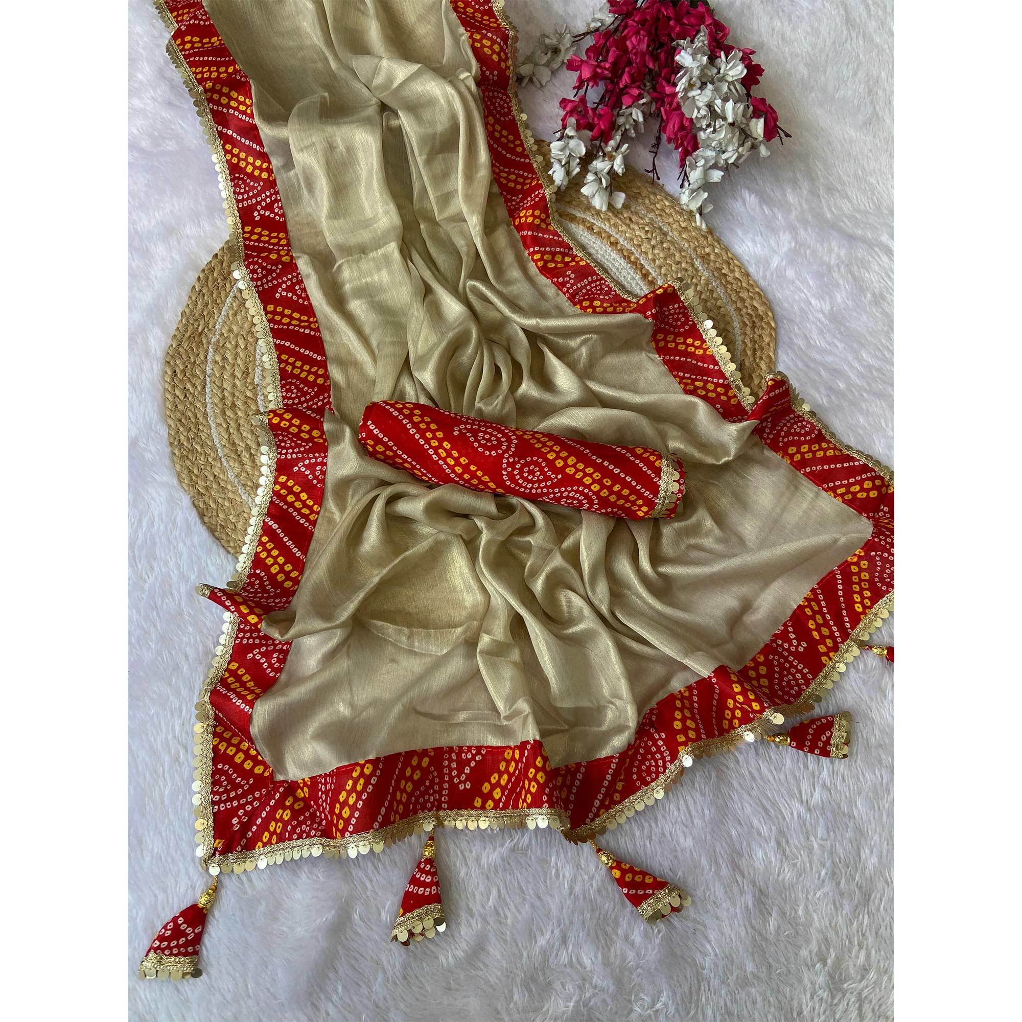 Beige & Red Moss Chiffon Saree Featuring a Traditional Bandhani Print Border