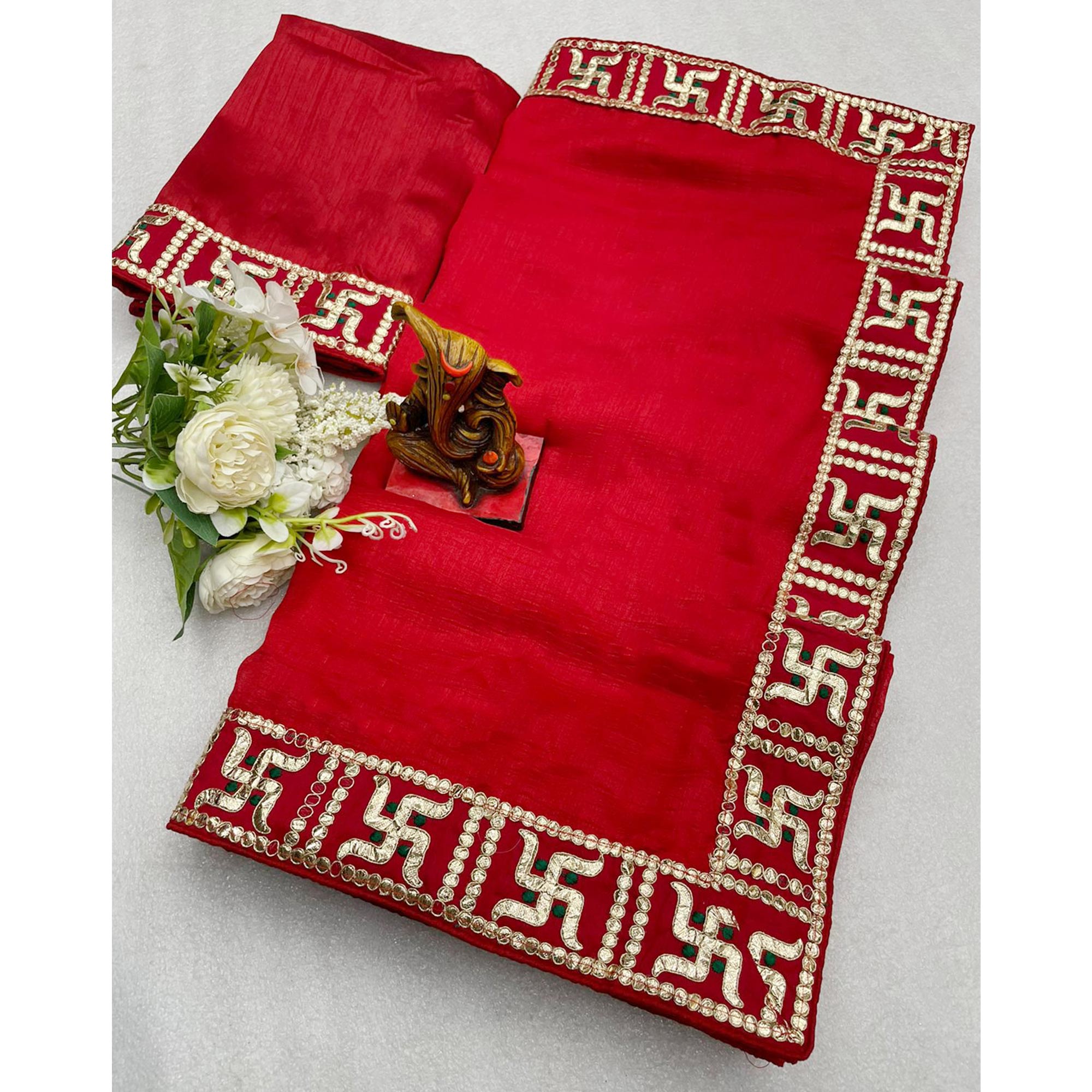 Red Solid With Embroidered Border Vichitra Silk Saree