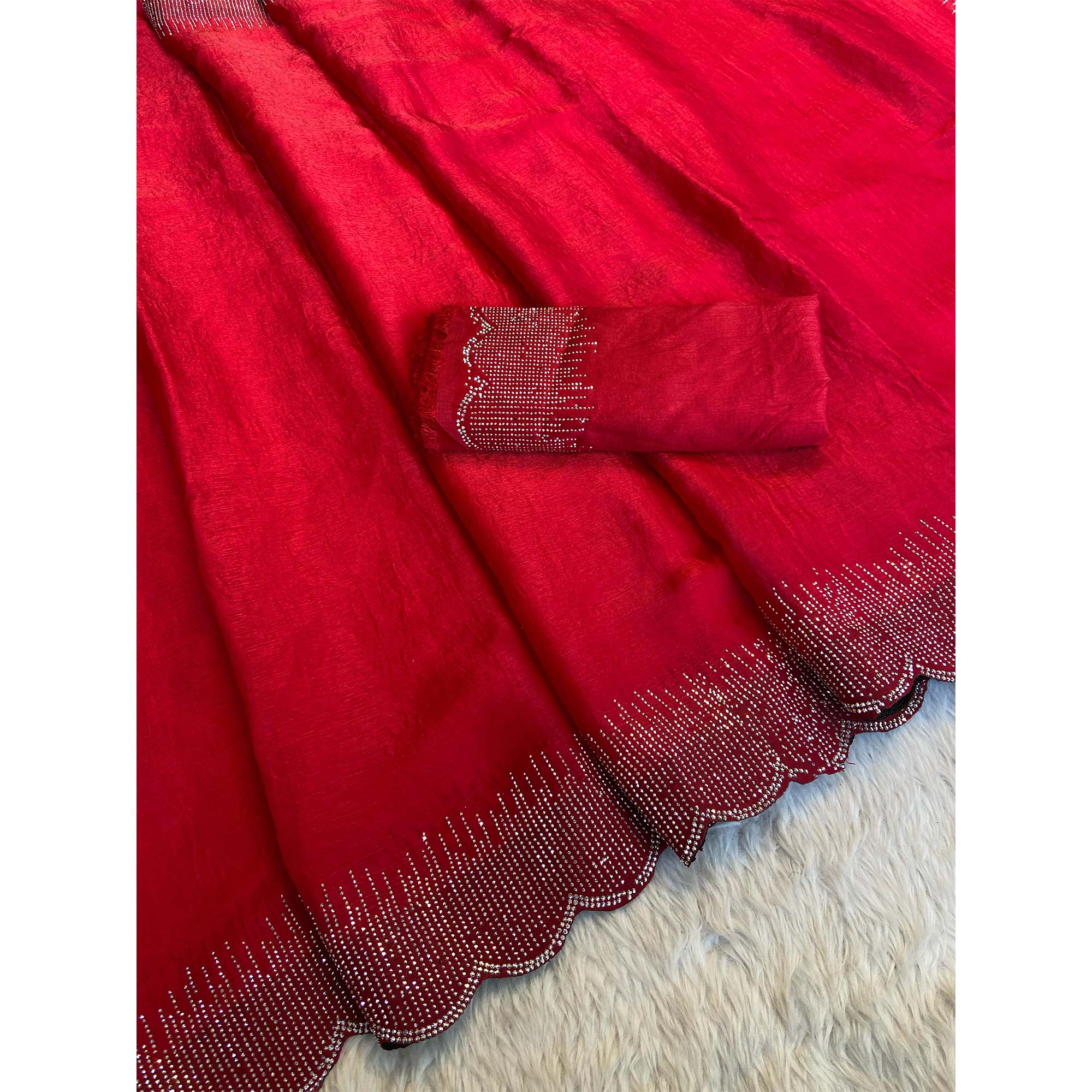 Red Swarovski Work Rangoli Silk Art Saree