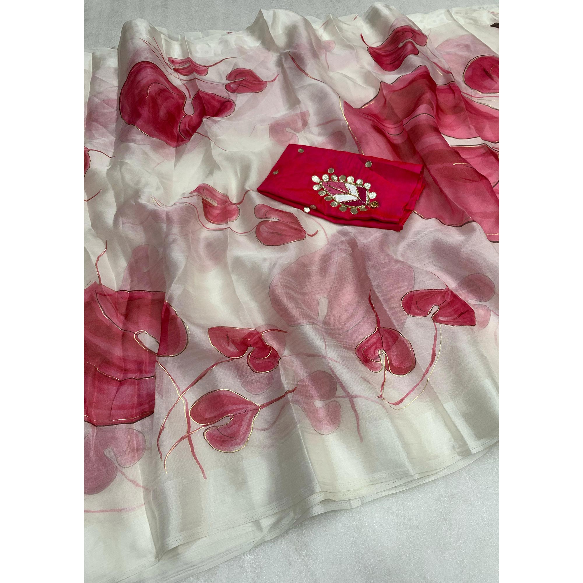 White & Pink Floral Foil Printed Organza Saree