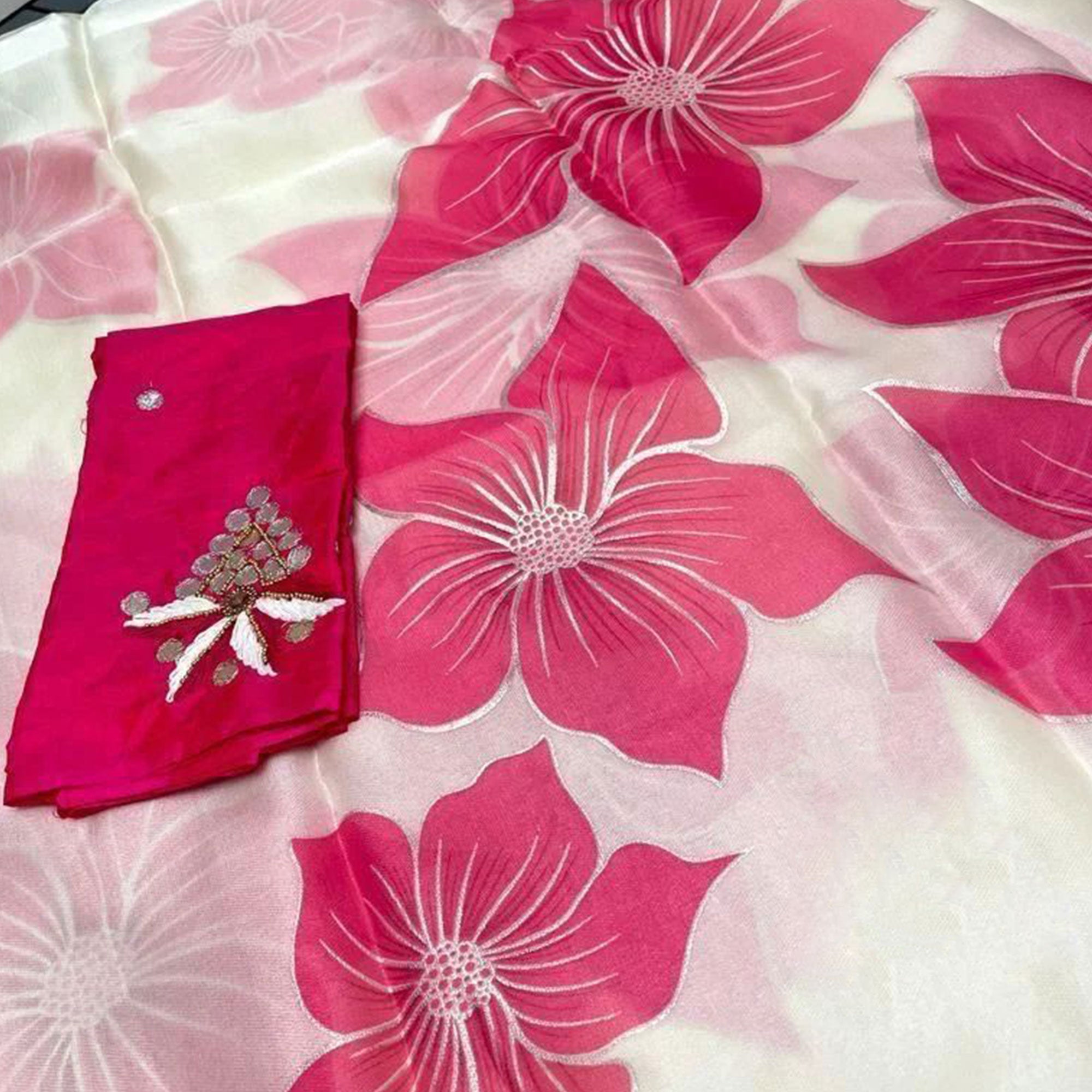 White & Pink Floral Foil Printed Organza Saree