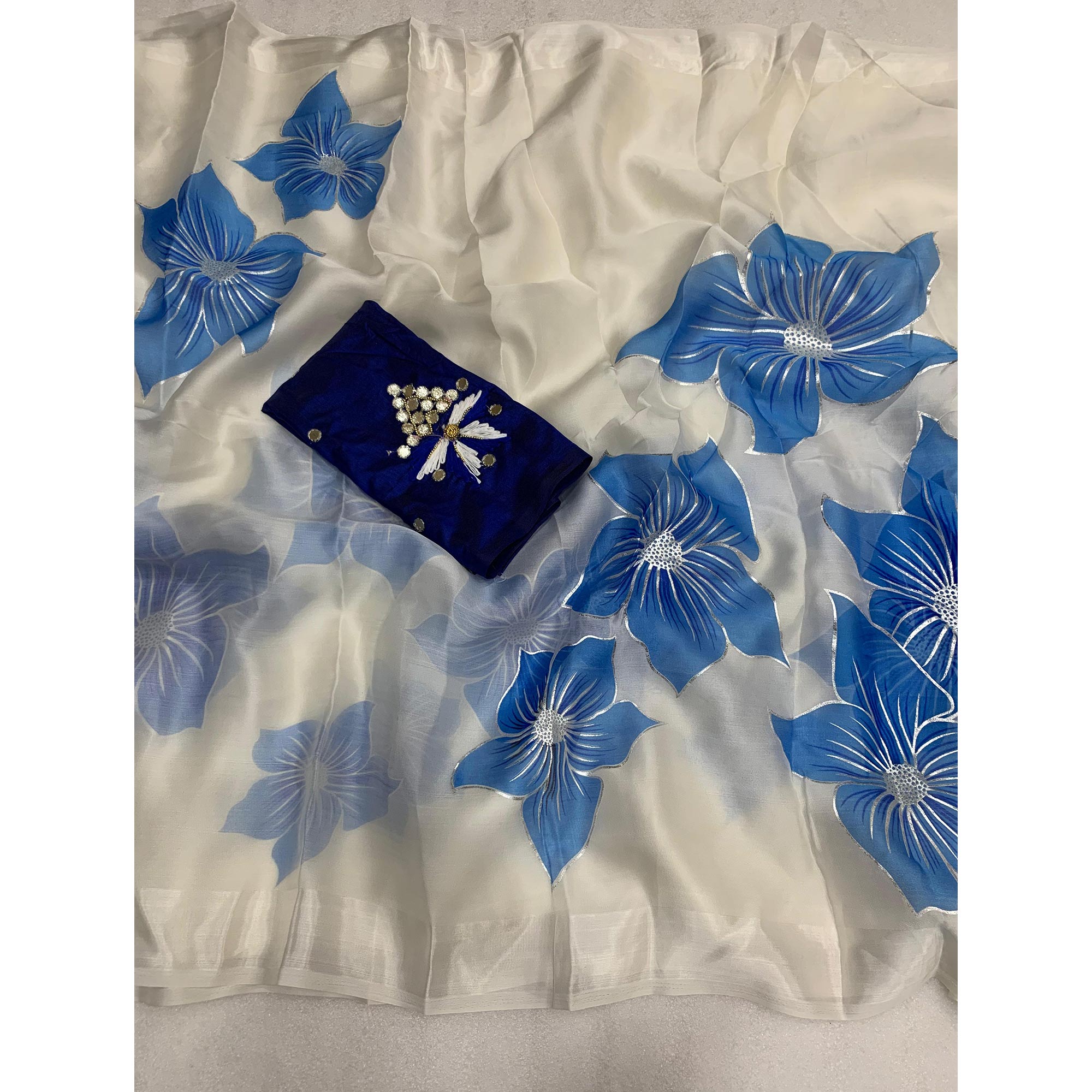 White & Blue Floral Foil Printed Organza Saree