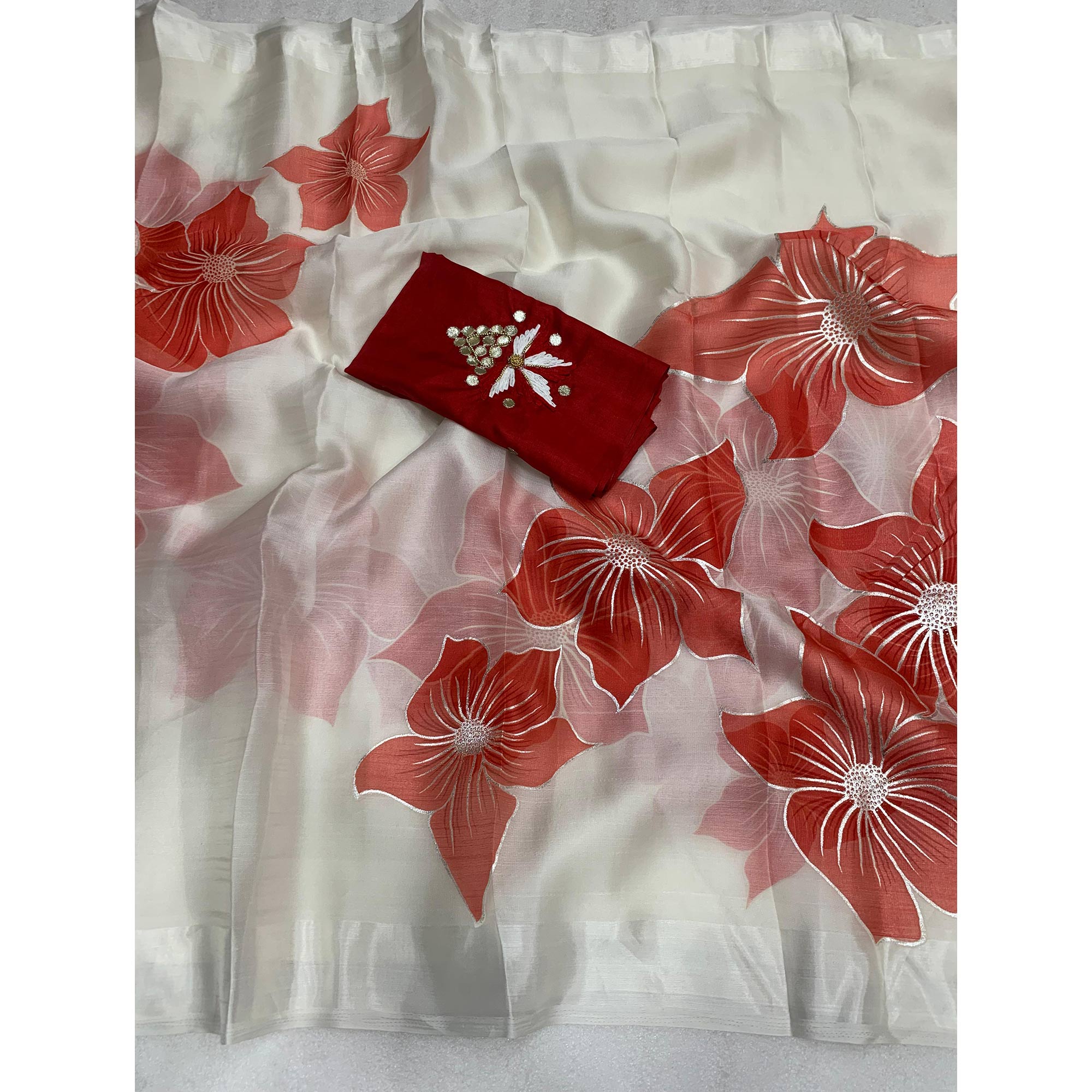 White & Red Floral Foil Printed Organza Saree