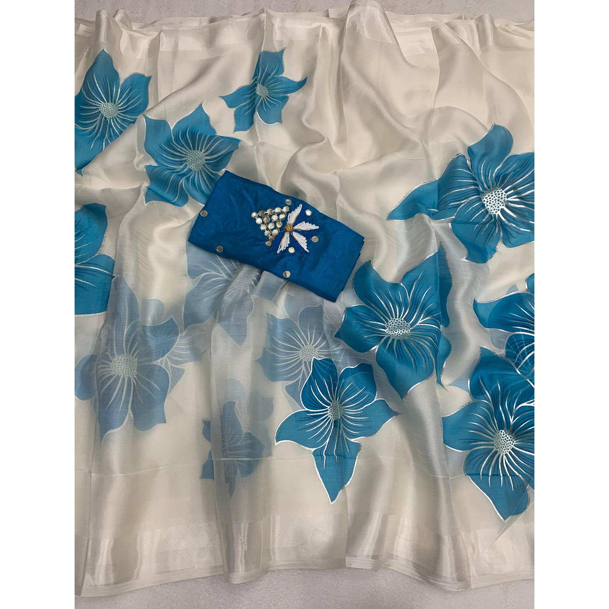 White & Sky Blue Floral Foil Printed Organza Saree