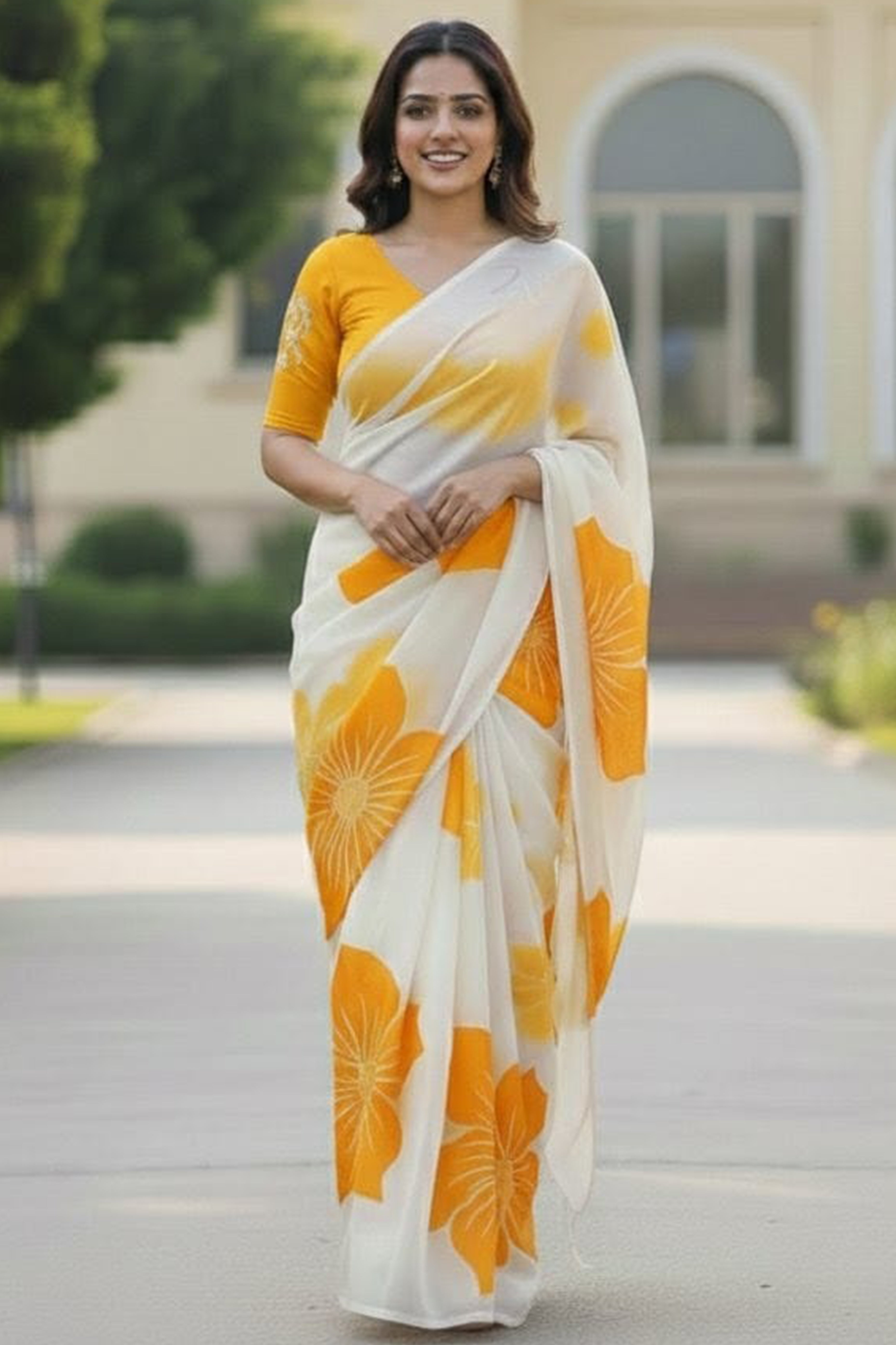 White & Yellow Organza Saree Featuring Delicate Floral Foil Prints