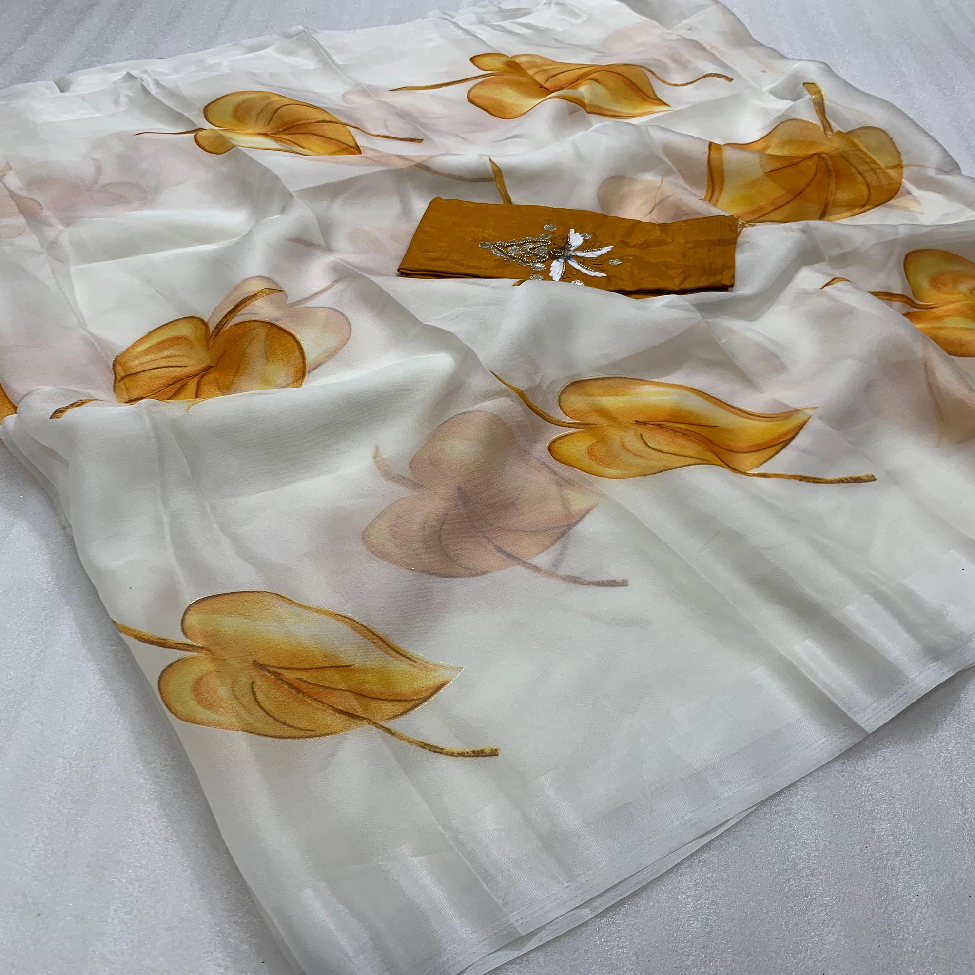 White Foil Printed Organza Saree