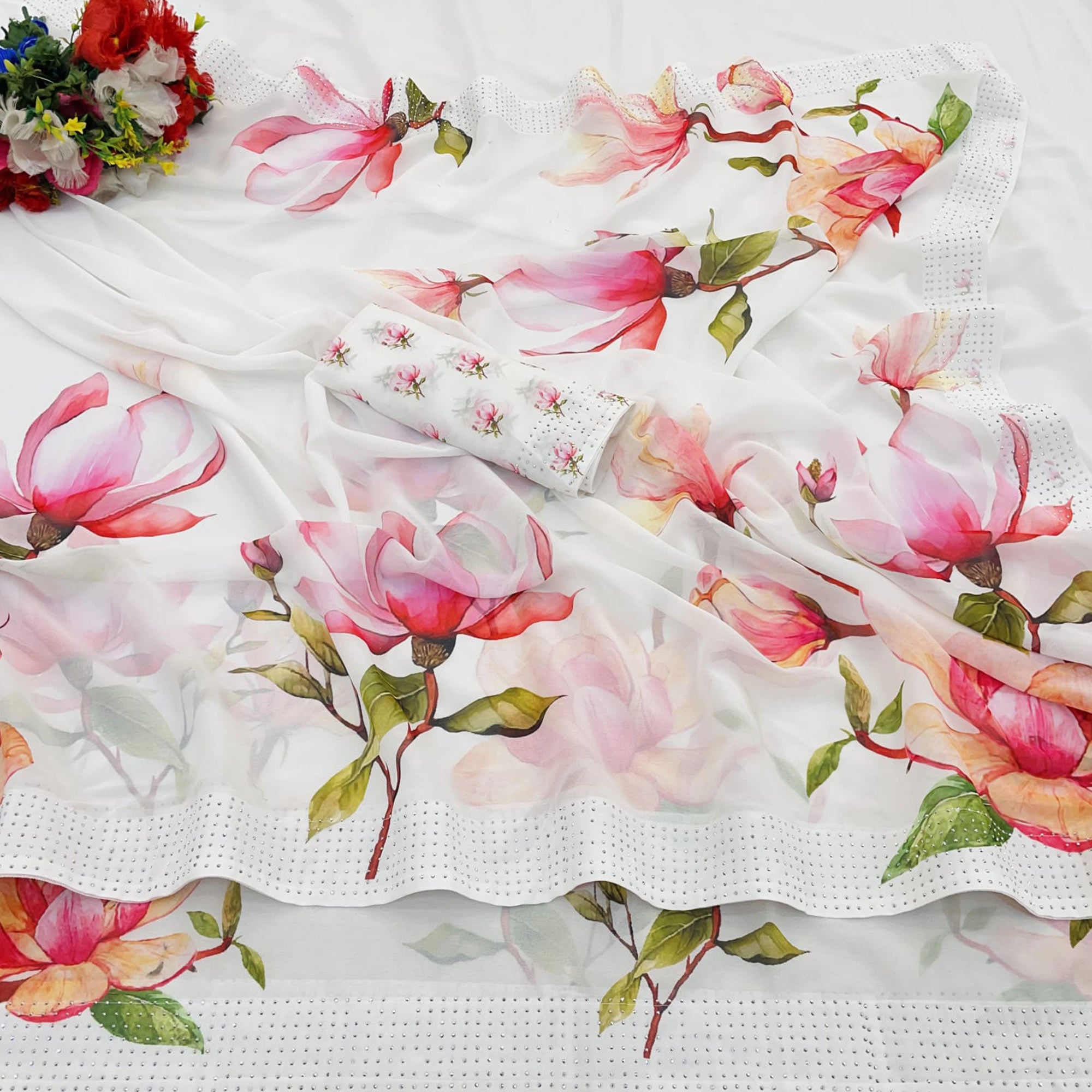 White Floral Printed Georgette Saree