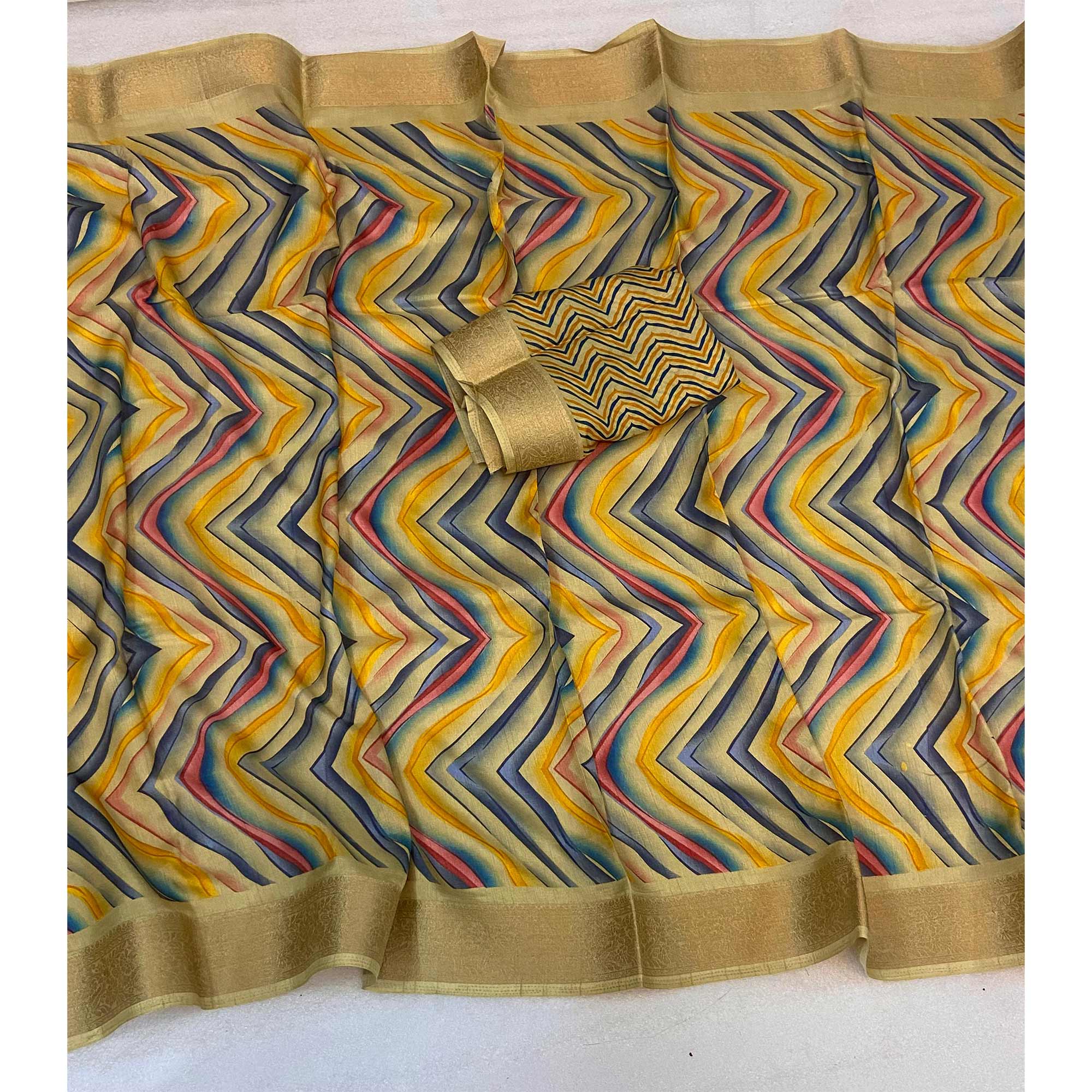 Mustard Zig Zag Printed Dola Silk Saree With Woven Border