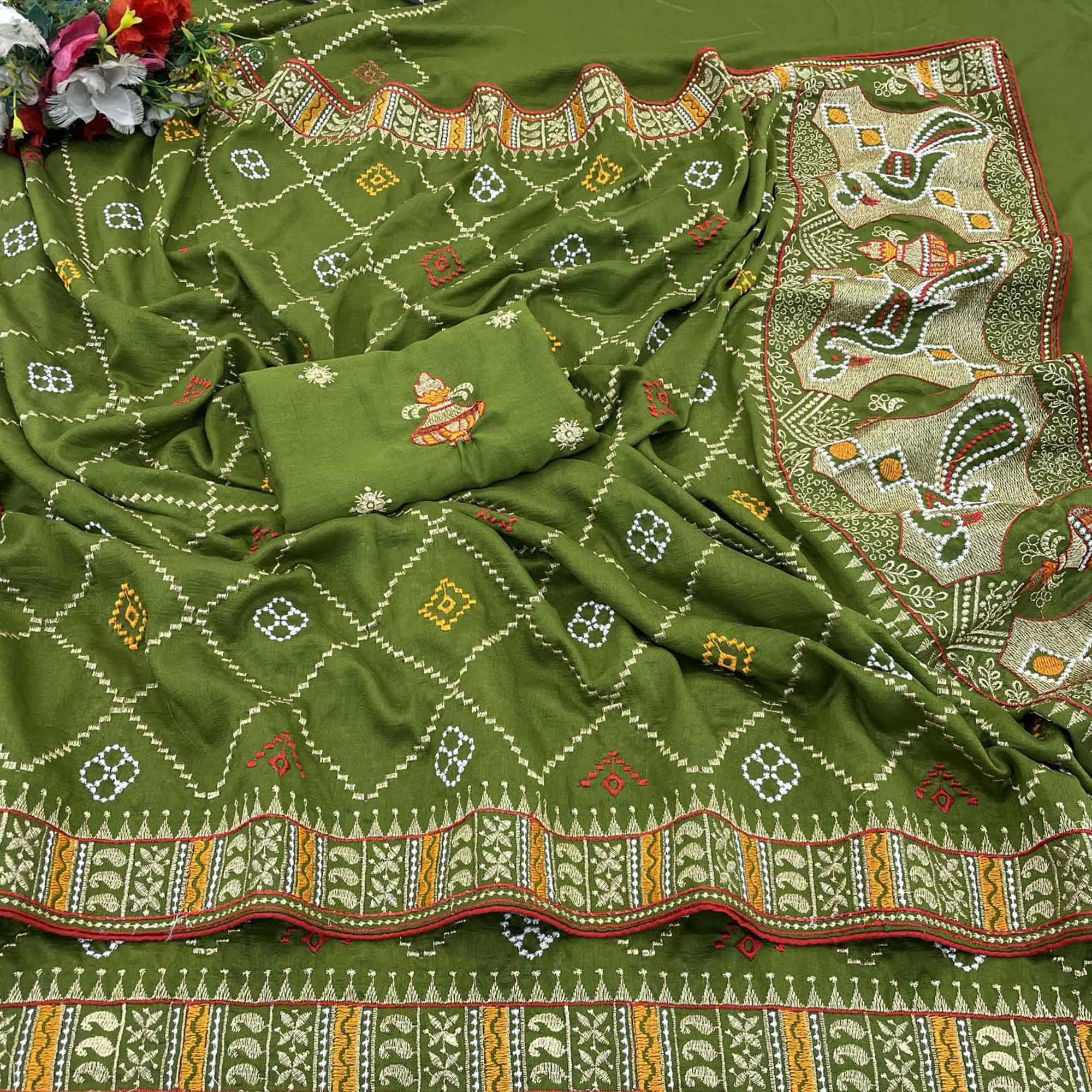 Green Embroidered Vichitra Silk Saree