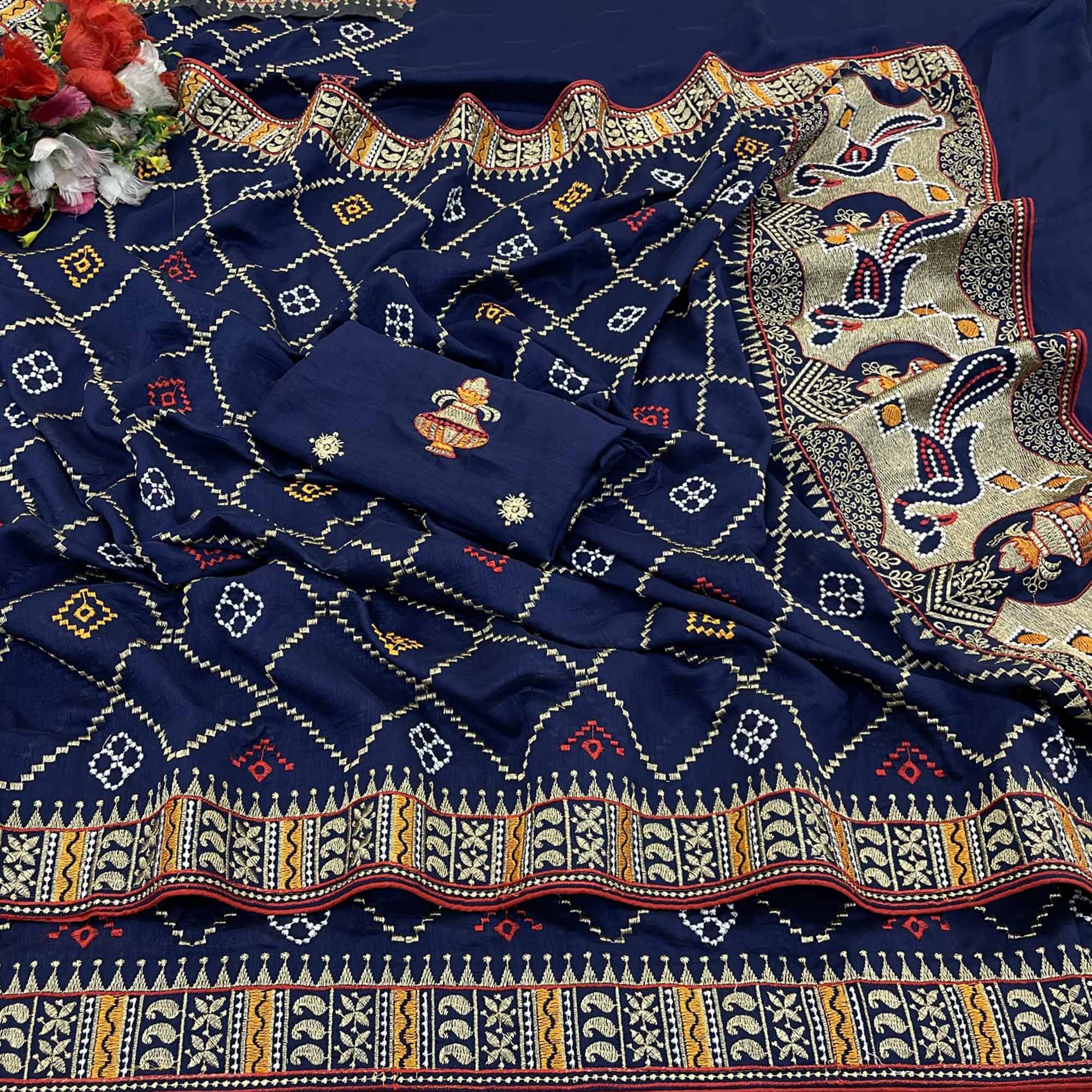 Navy Blue Embroidered Vichitra Silk Saree