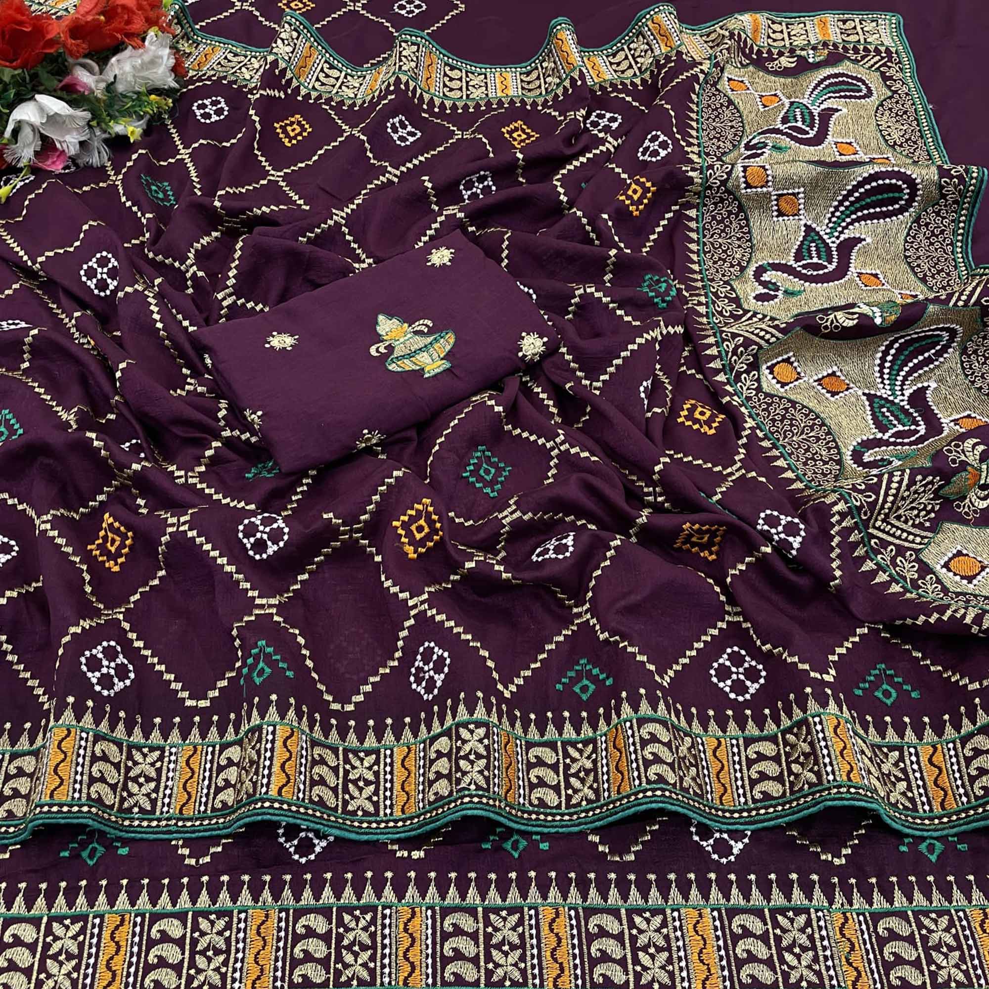 Wine Embroidered Vichitra Silk Saree