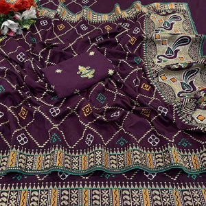 Wine Embroidered Vichitra Silk Saree