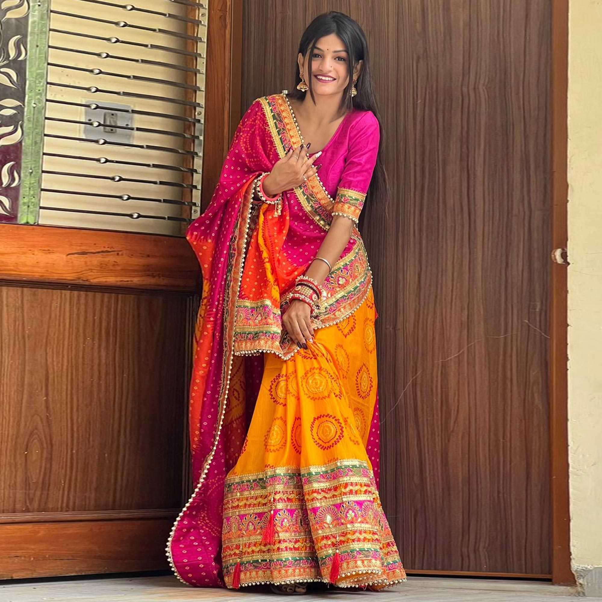 Yellow & Pink Bandhani Printed Mysore Silk Saree