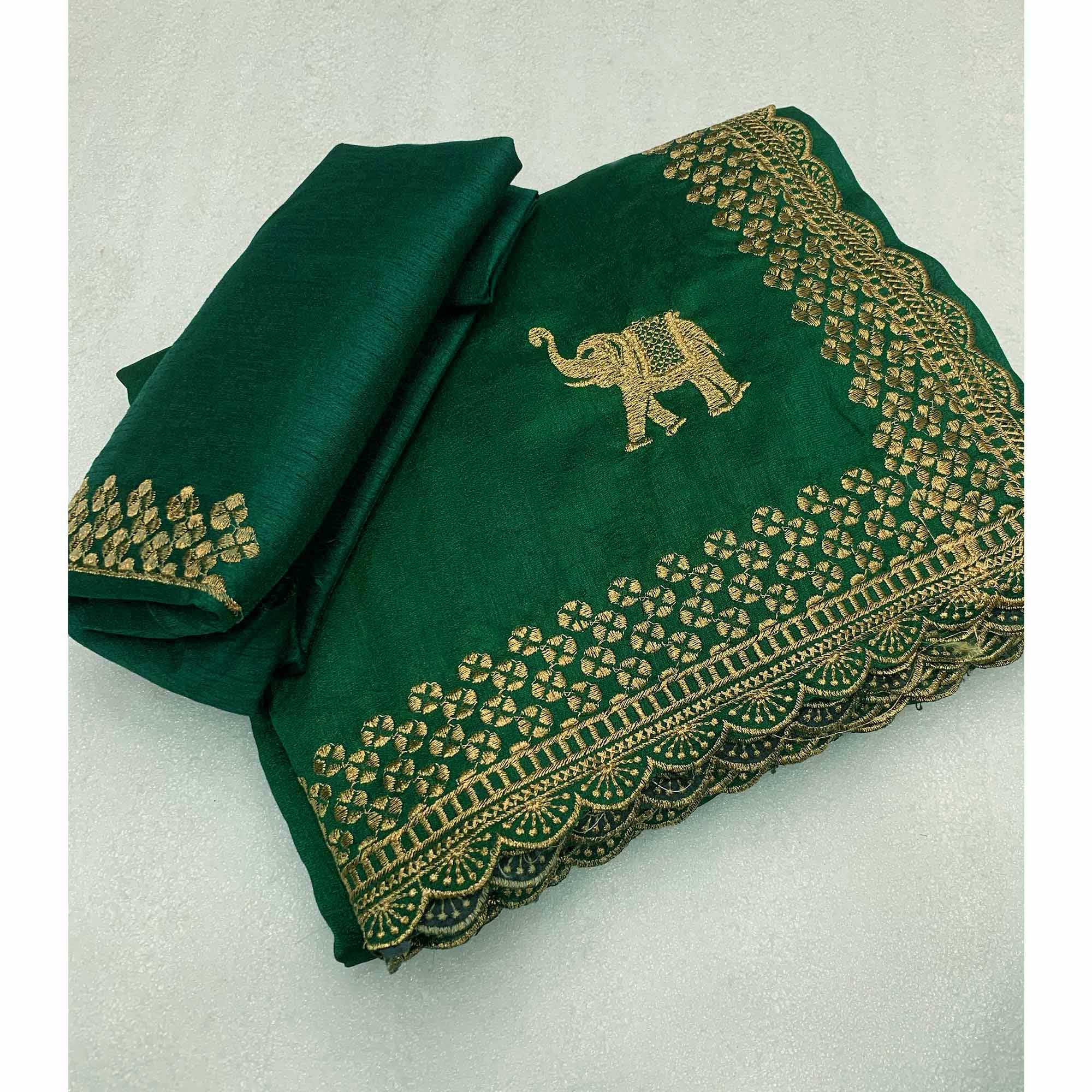 Green Embroidered Vichitra Silk Saree