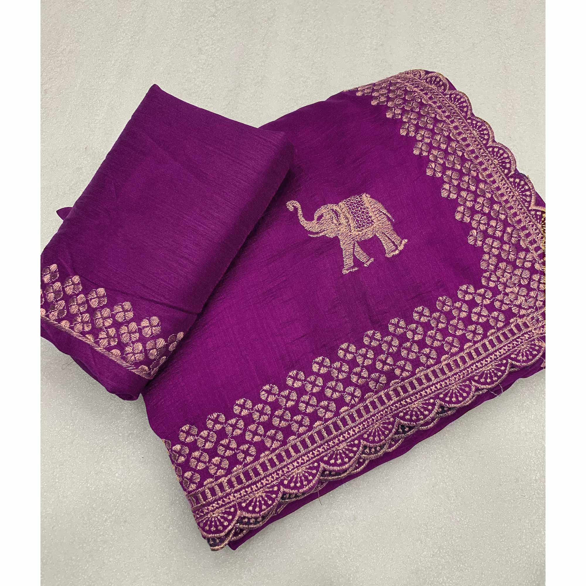 Purple Embroidered Vichitra Silk Saree