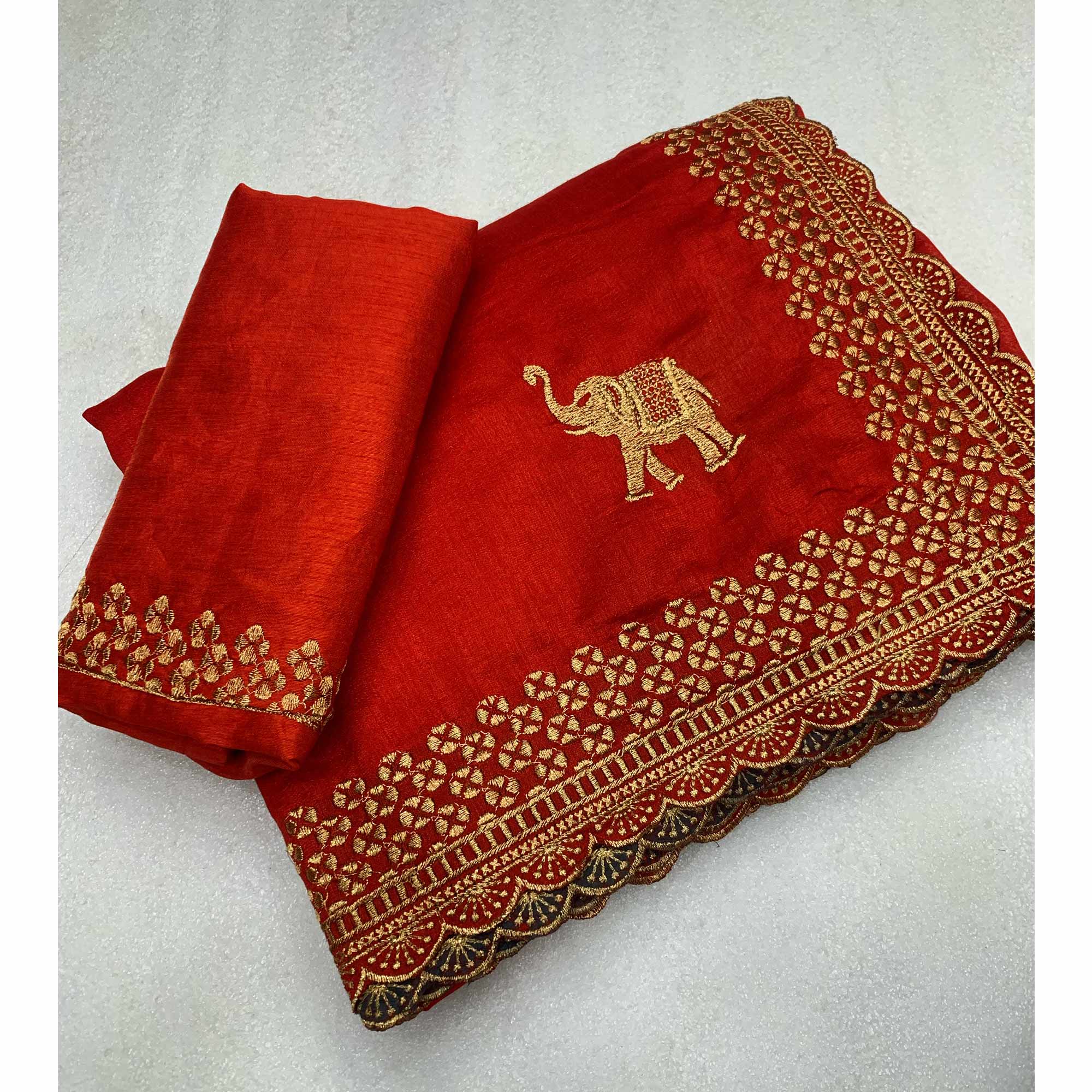 Red Embroidered Vichitra Silk Saree