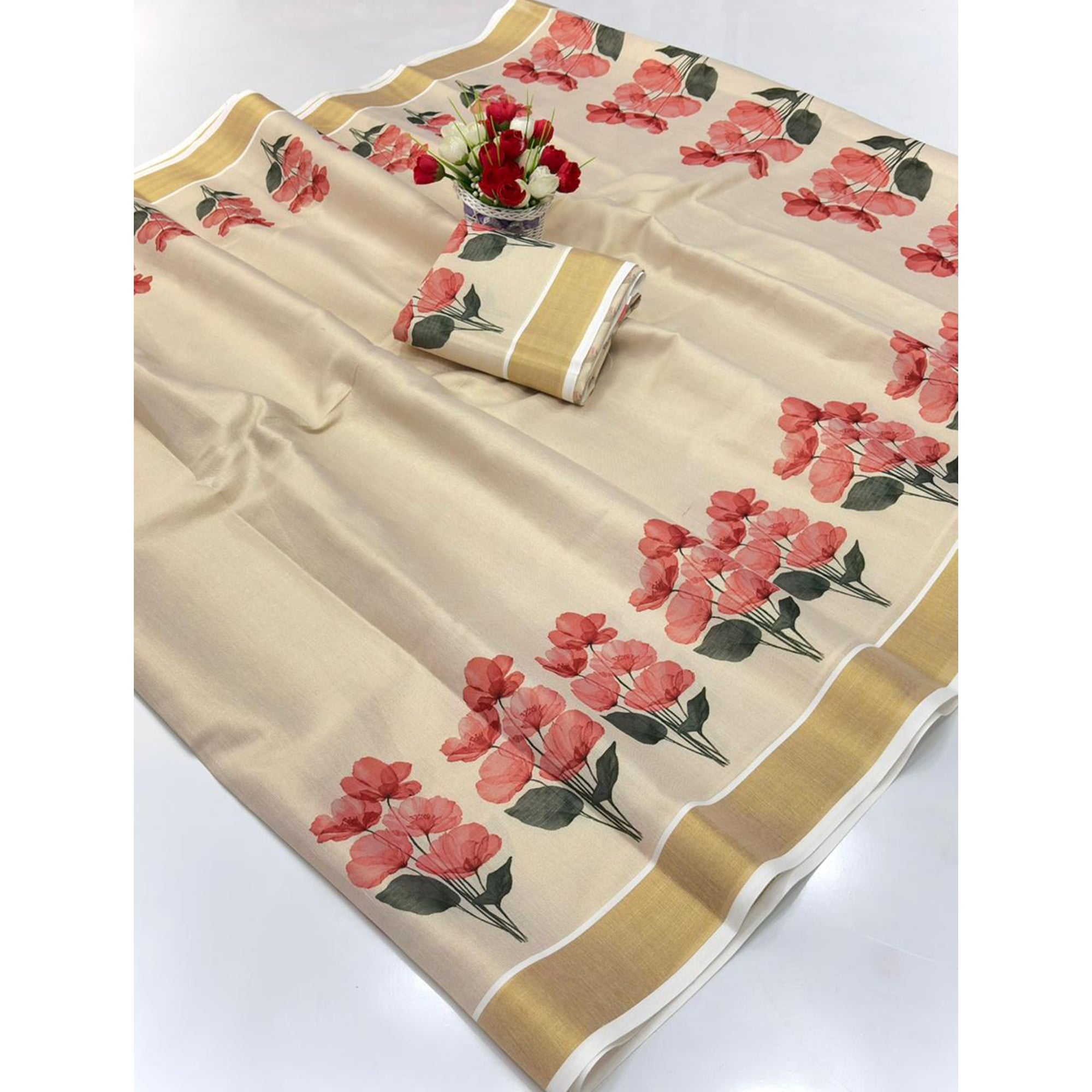 Chikoo Floral Mill Print Cotton Silk Saree Finished With Opulent Zari Weaving Border Work