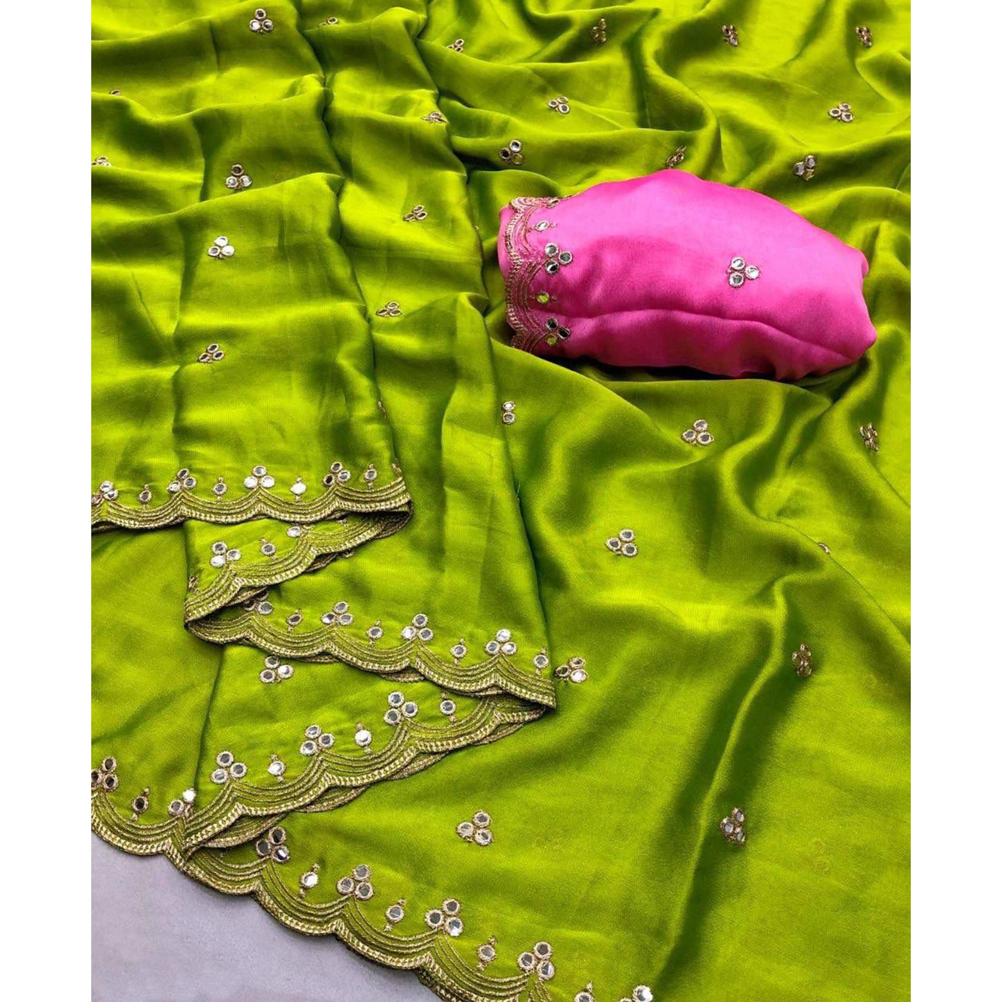 Green Mirror Embroidery Work Georgette Saree