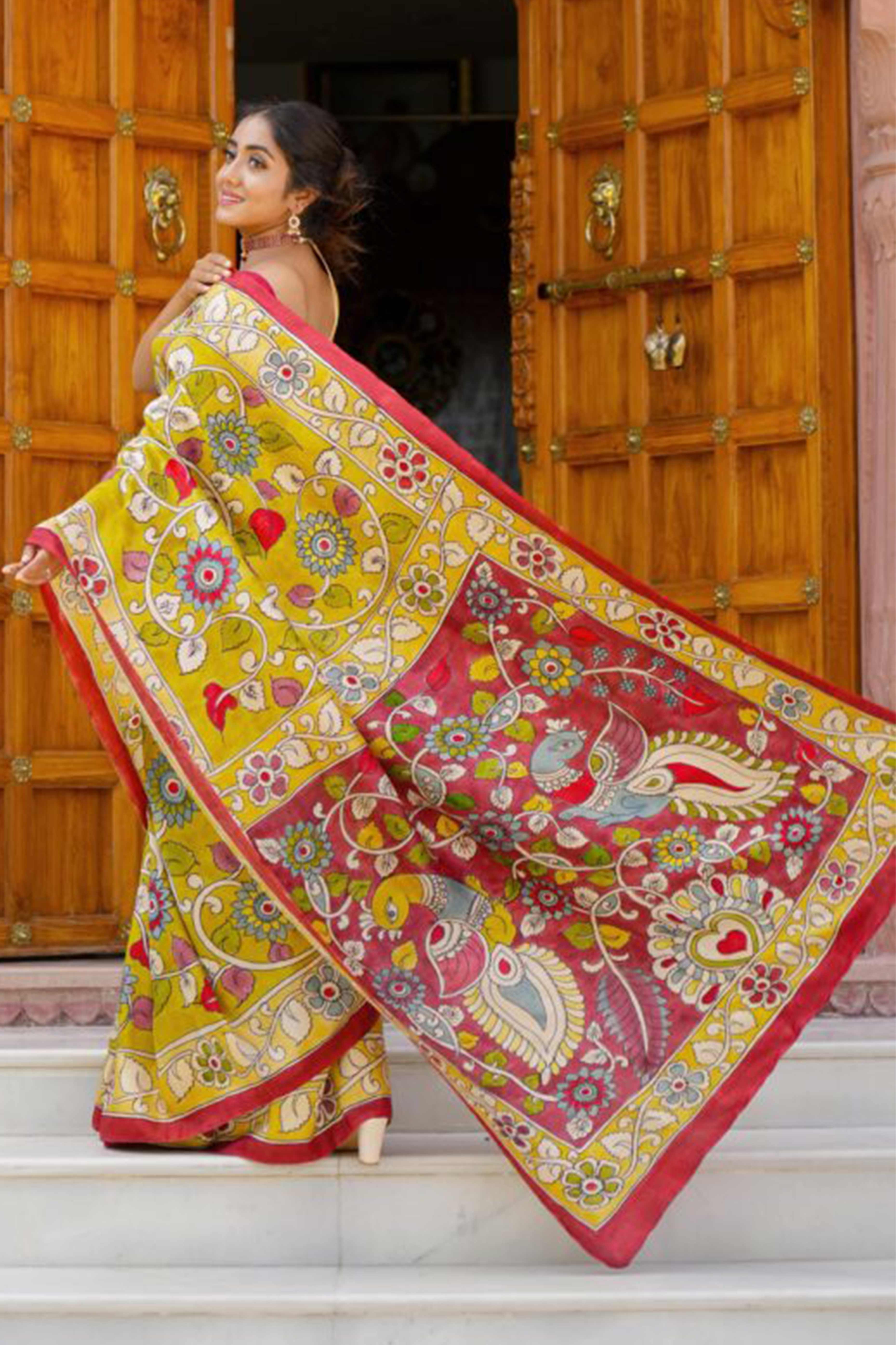 Mustard Kalamkari Printed Linen Saree