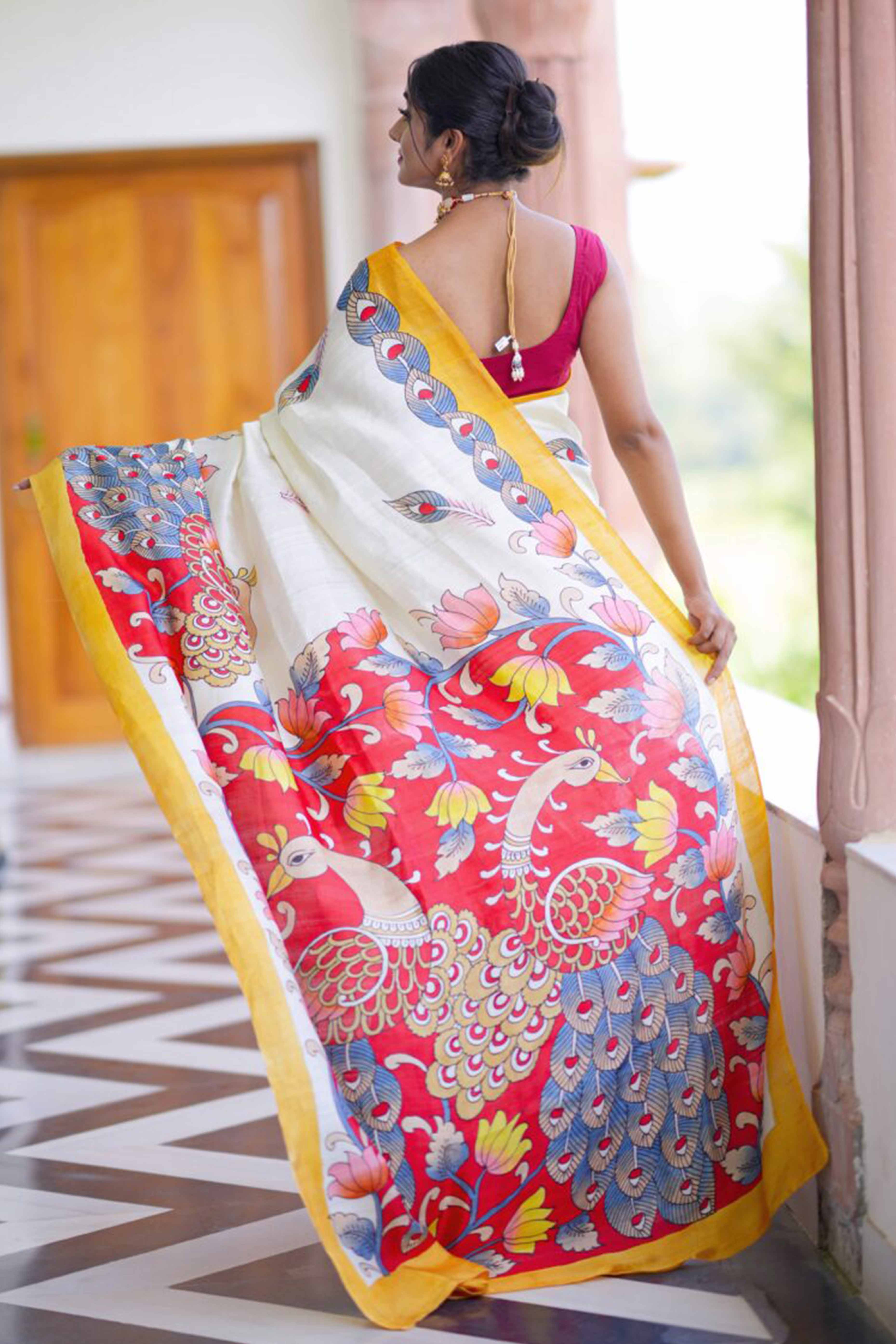 Off White Kalamkari Printed Linen Saree