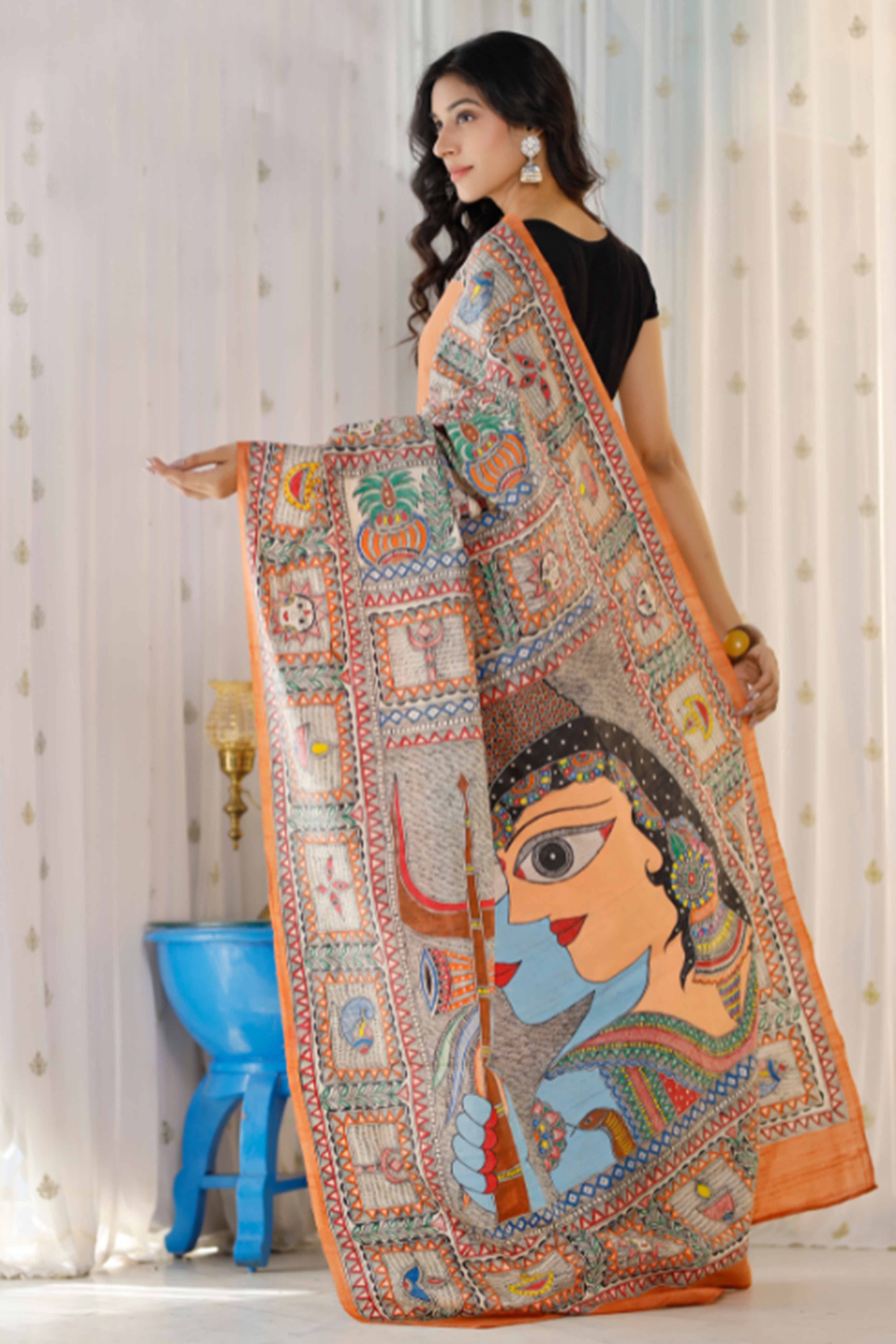 Peach Kalamkari Printed Linen Saree