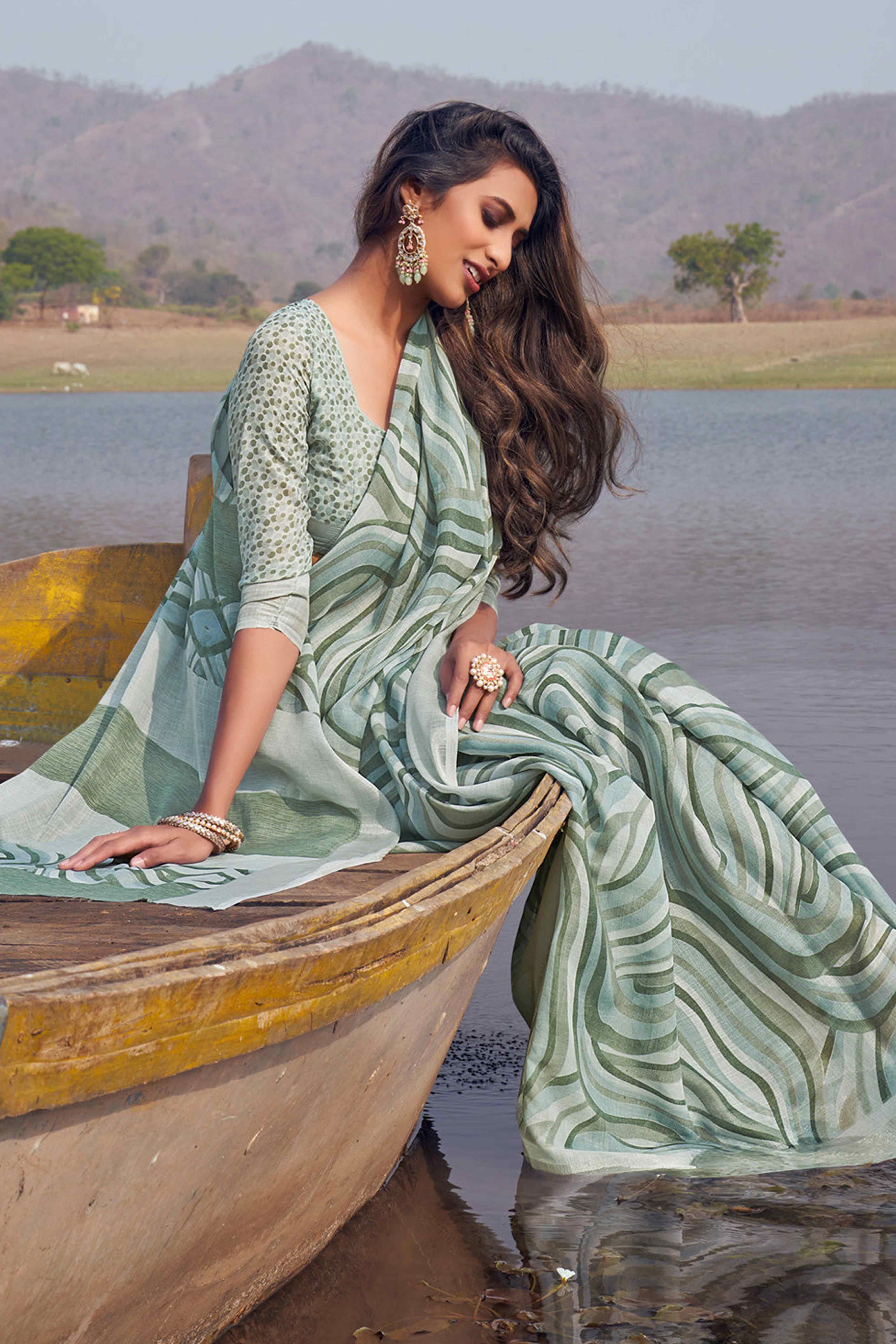 Sea Green Striped Printed Linen Saree