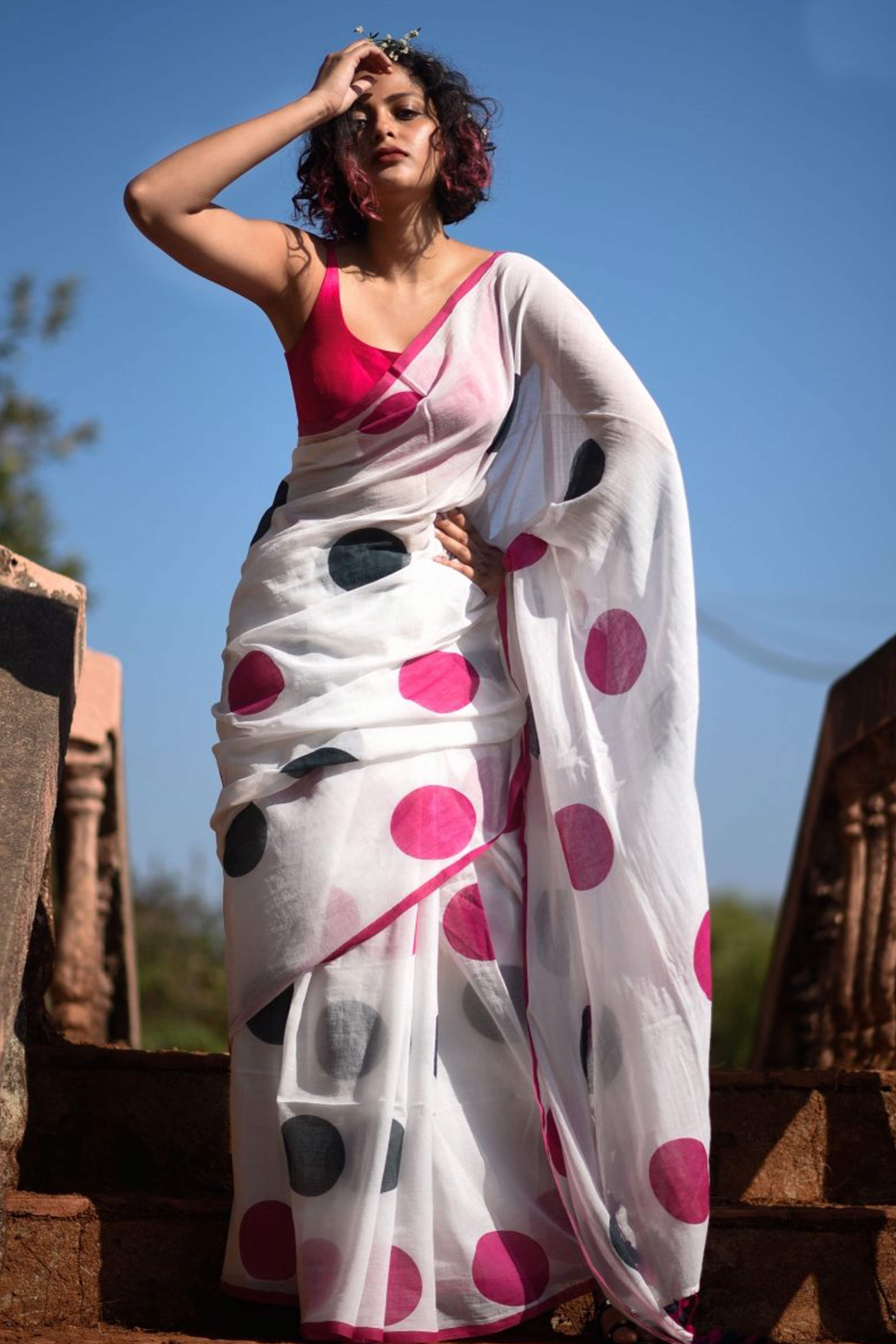 White Polka Dot Printed Linen Saree