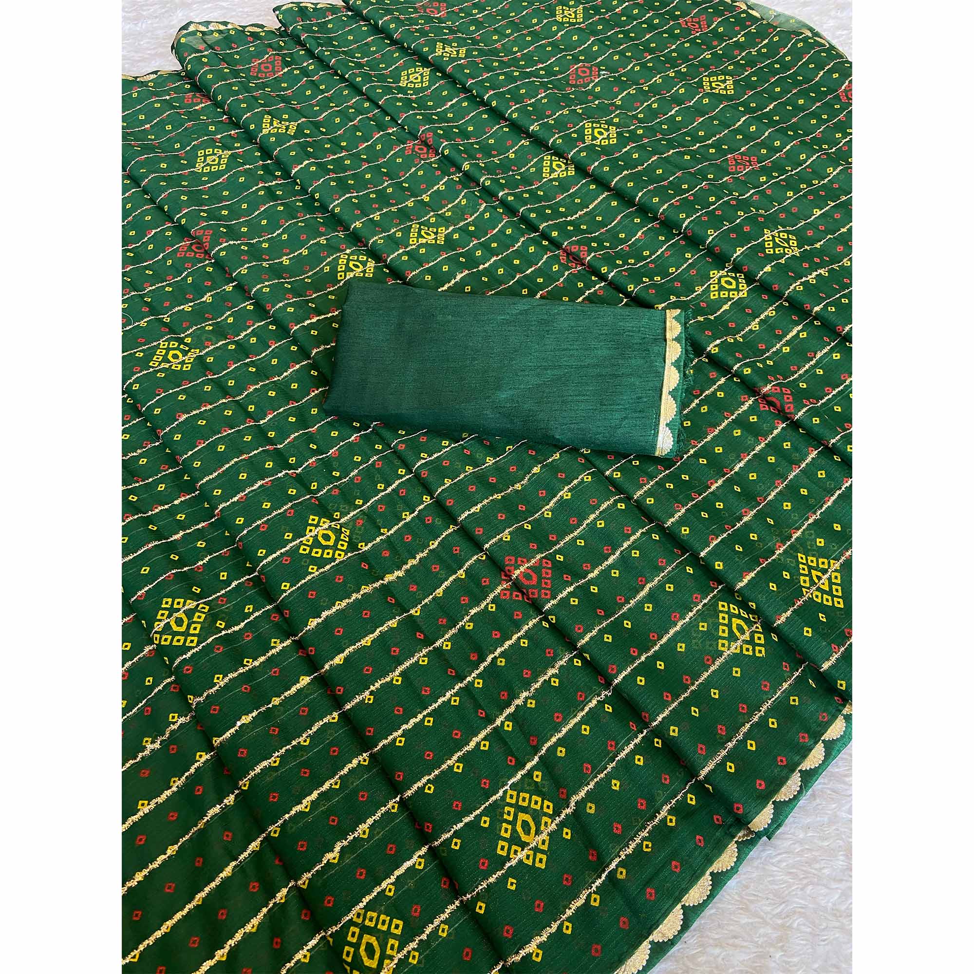 Green Bandhani Printed Chiffon Saree with Graceful Touches of Zari Work