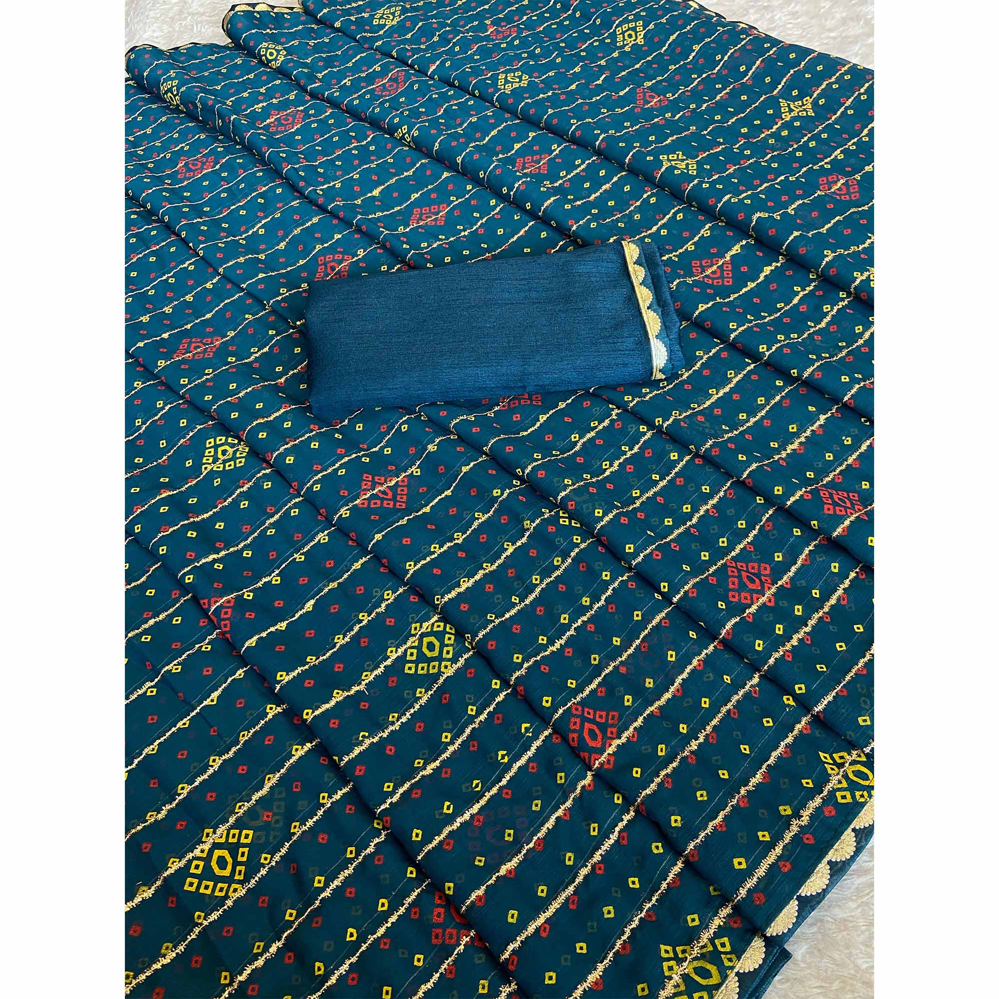 Teal Bandhani Printed Chiffon Saree with Graceful Touches of Zari Work