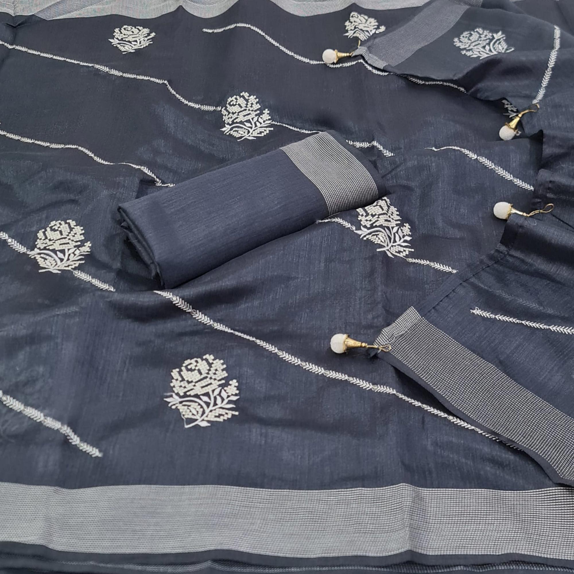 Black Embroidered Cotton Saree