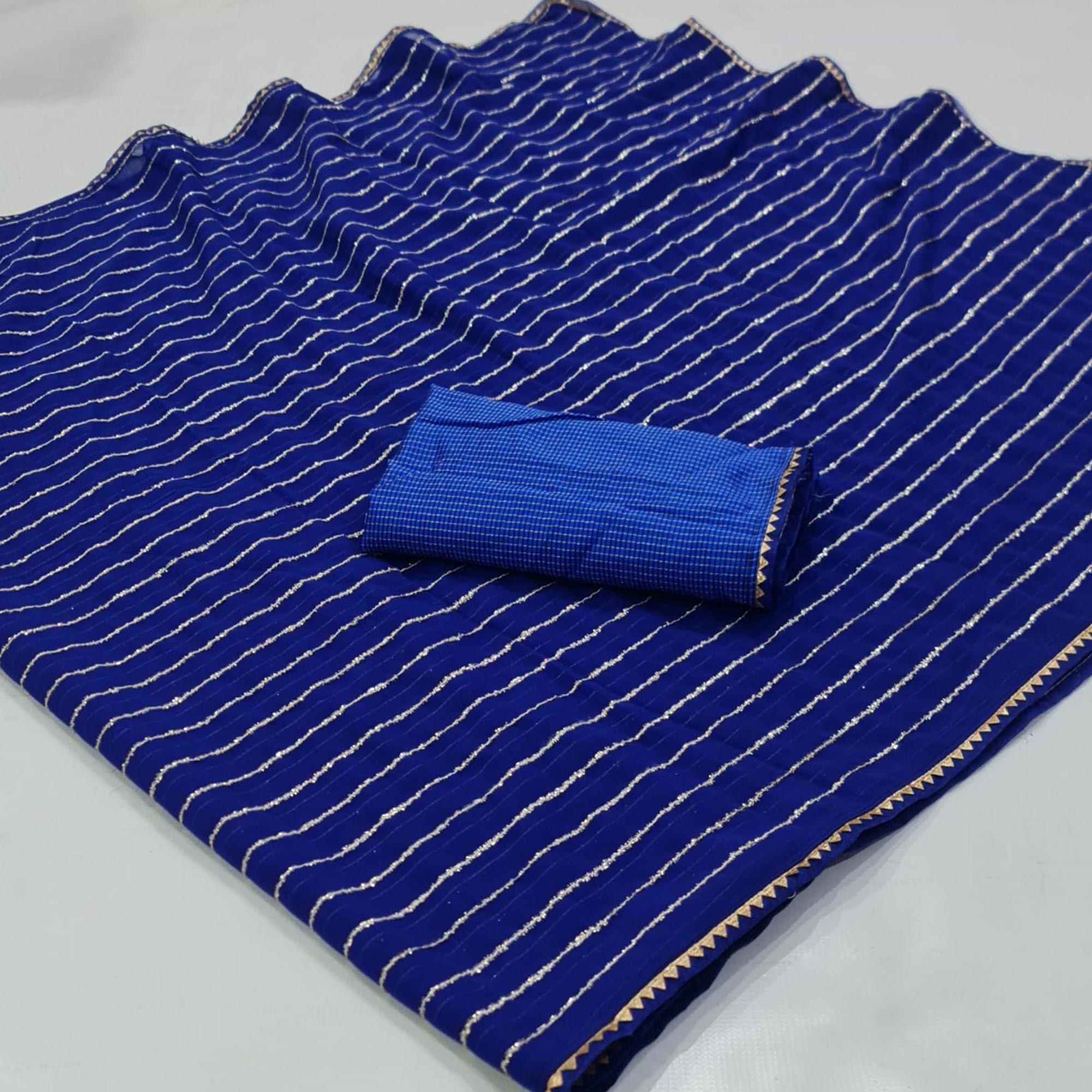 Blue Striped Woven Georgette Saree