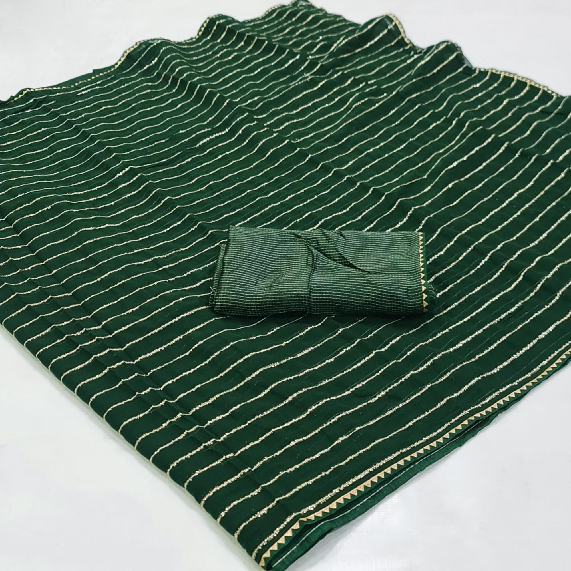Green Striped Woven Georgette Saree