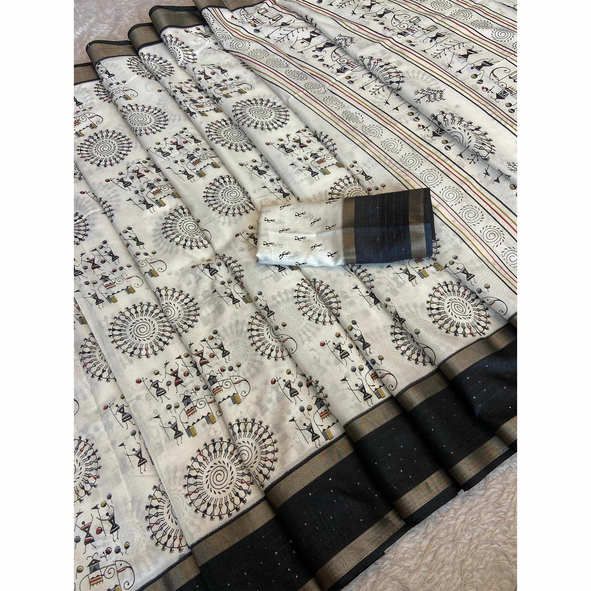 Cream Saree in Dola Silk with Bandhani Print and Shimmering Sequins Edge