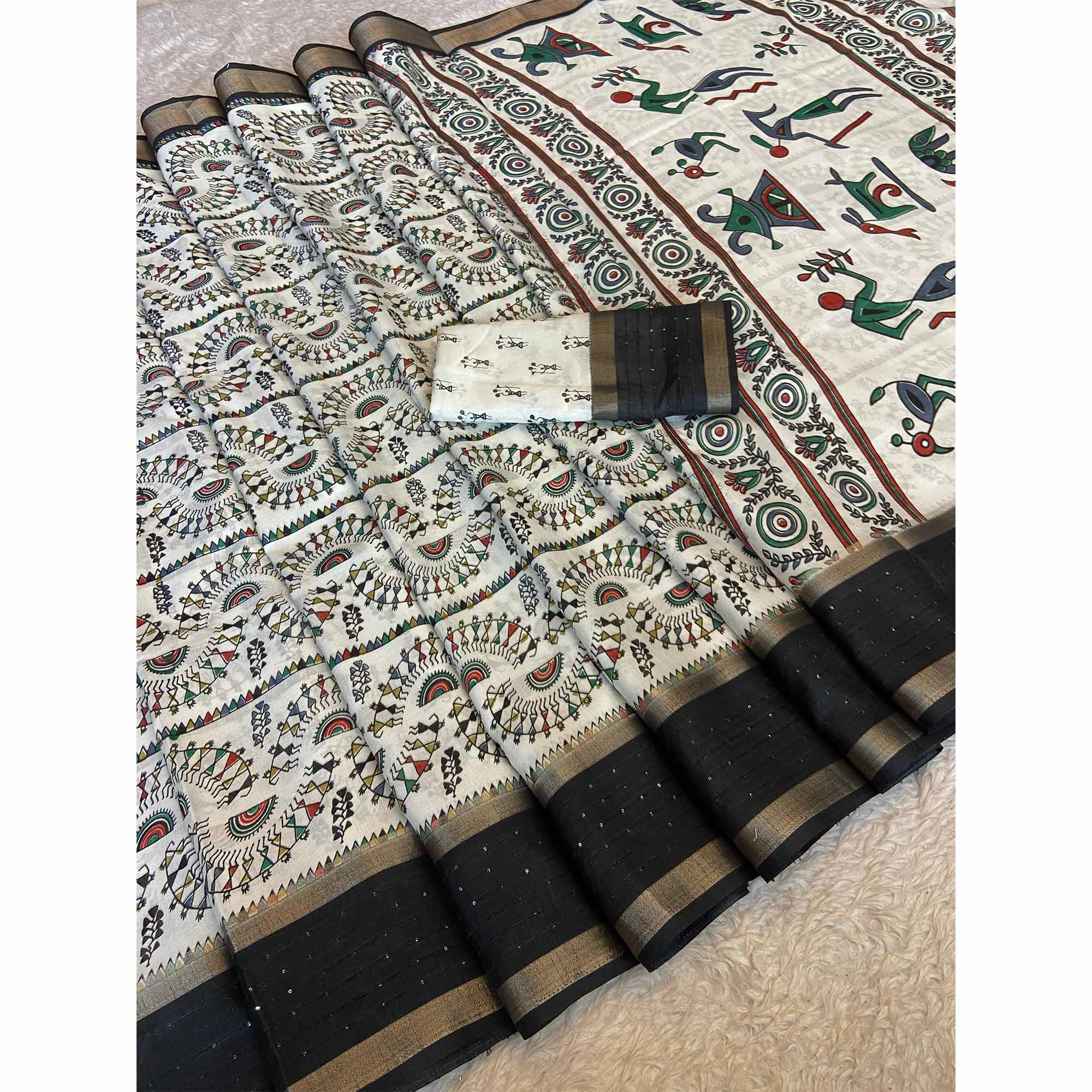 Cream Traditional Warli Print Dola Silk Saree Accented with Sequins Border