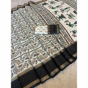 Cream Traditional Warli Print Dola Silk Saree Accented with Sequins Border