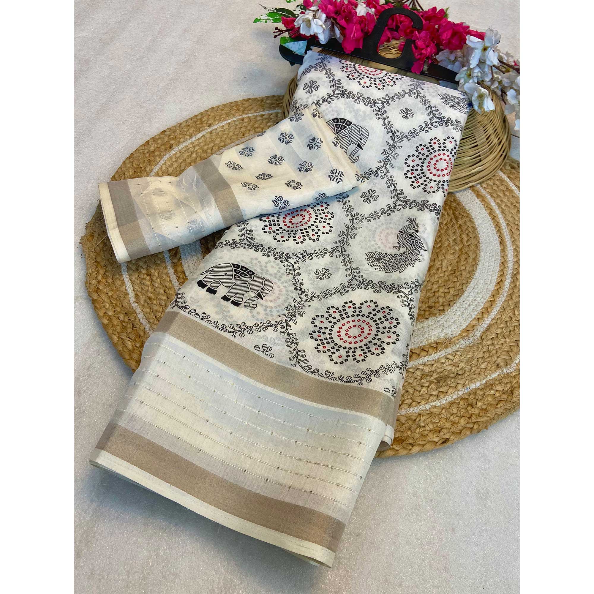 Cream Traditional Warli Print Dola Silk Saree Accented with Sequins Border