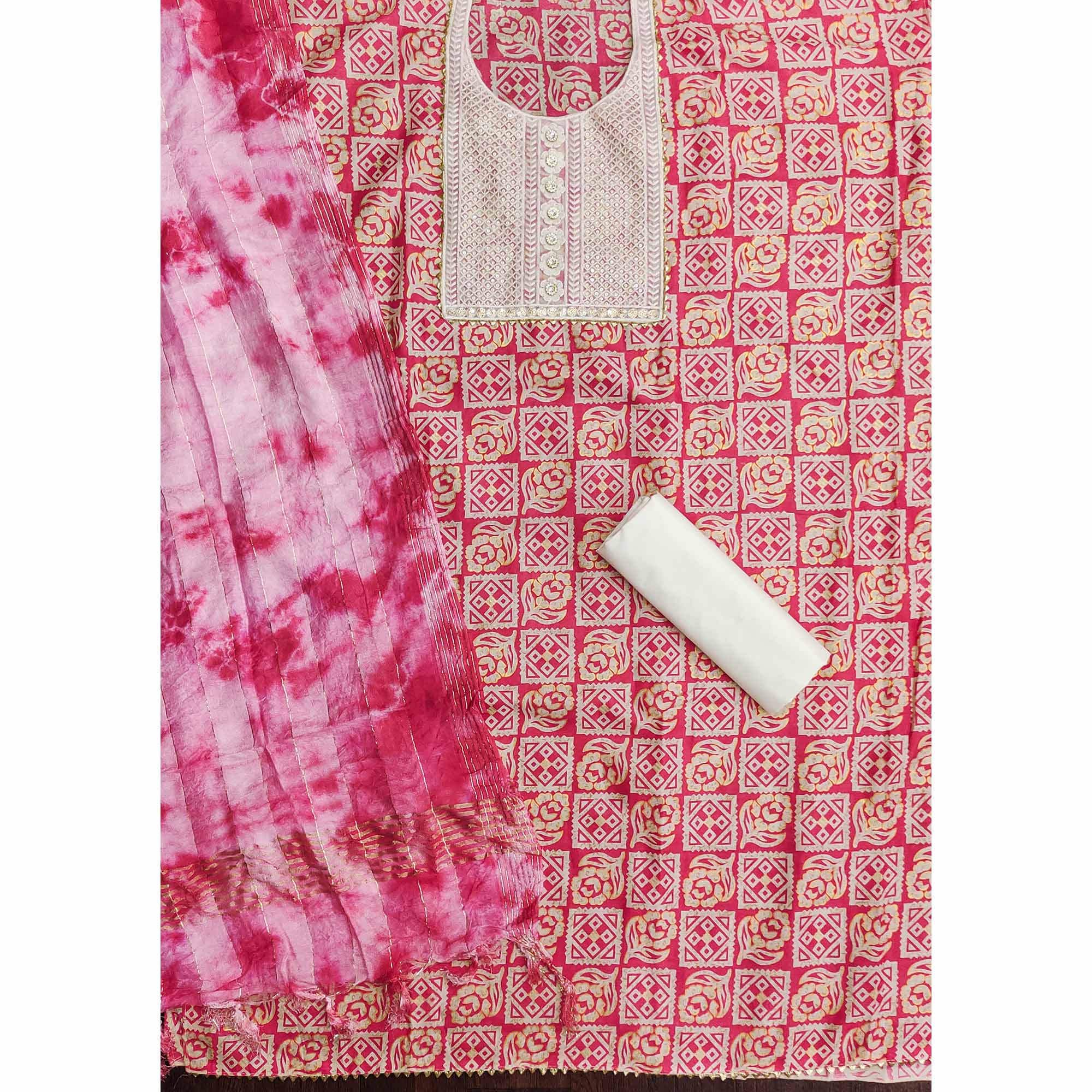 Rani Pink Printed With Embroidered Pure Cotton Dress Material