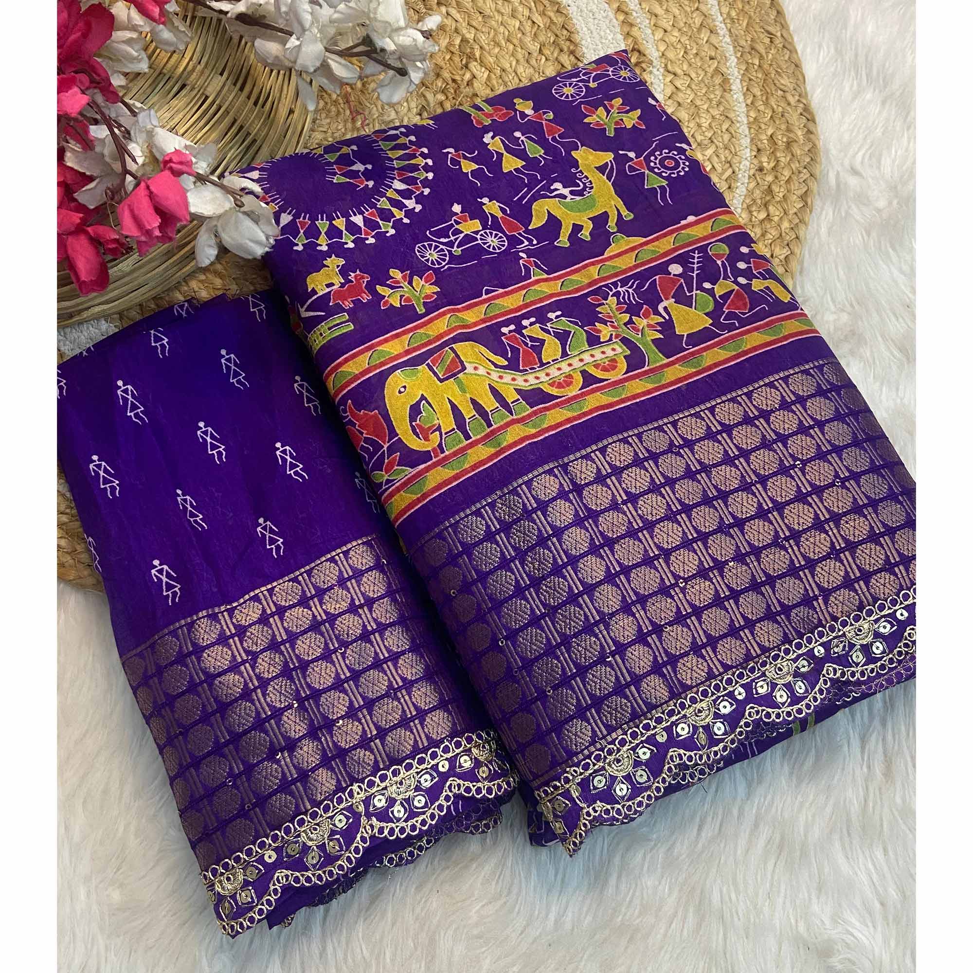 Purple Warli Printed Dola Silk Saree With Sequins Border