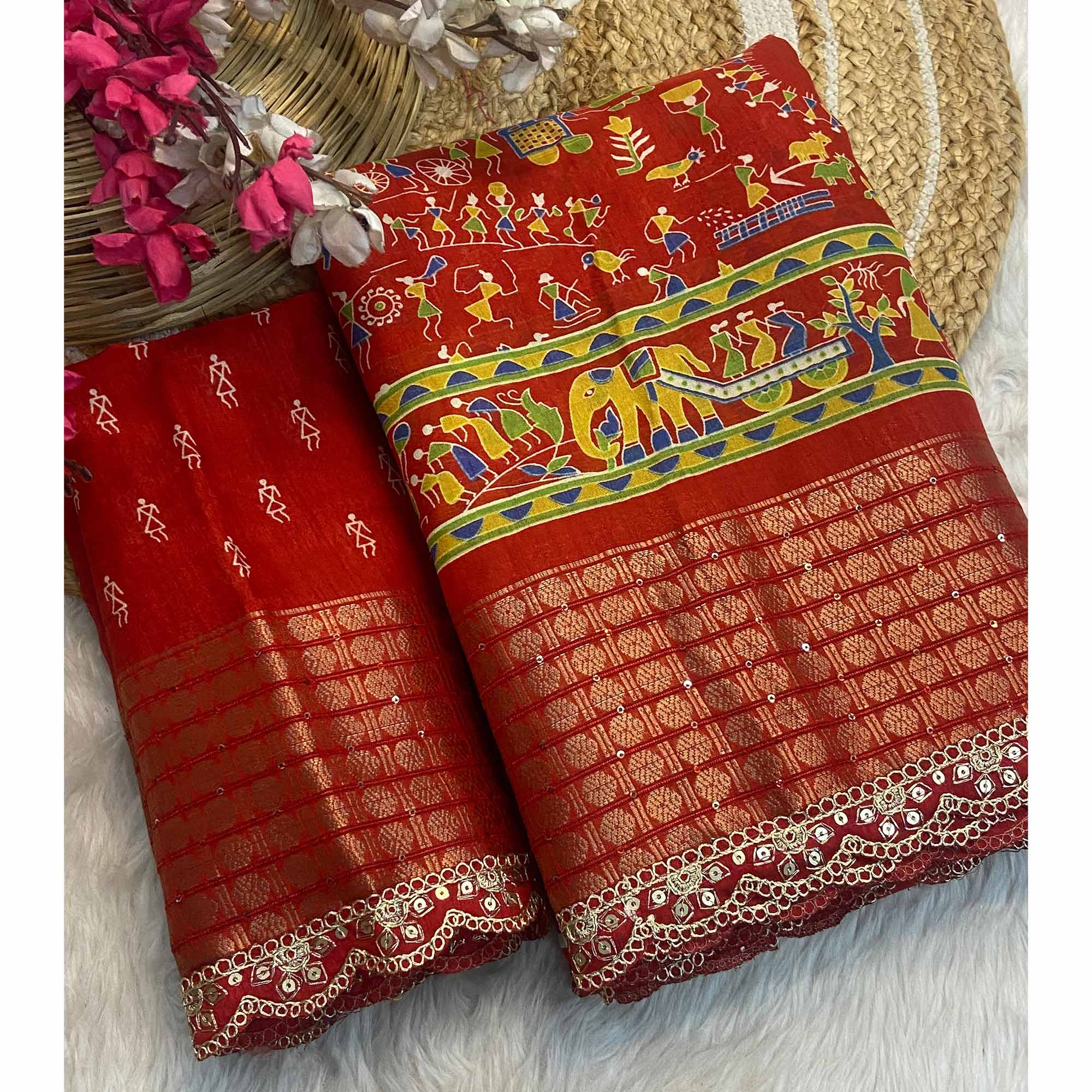 Red Warli Printed Dola Silk Saree With Sequins Border
