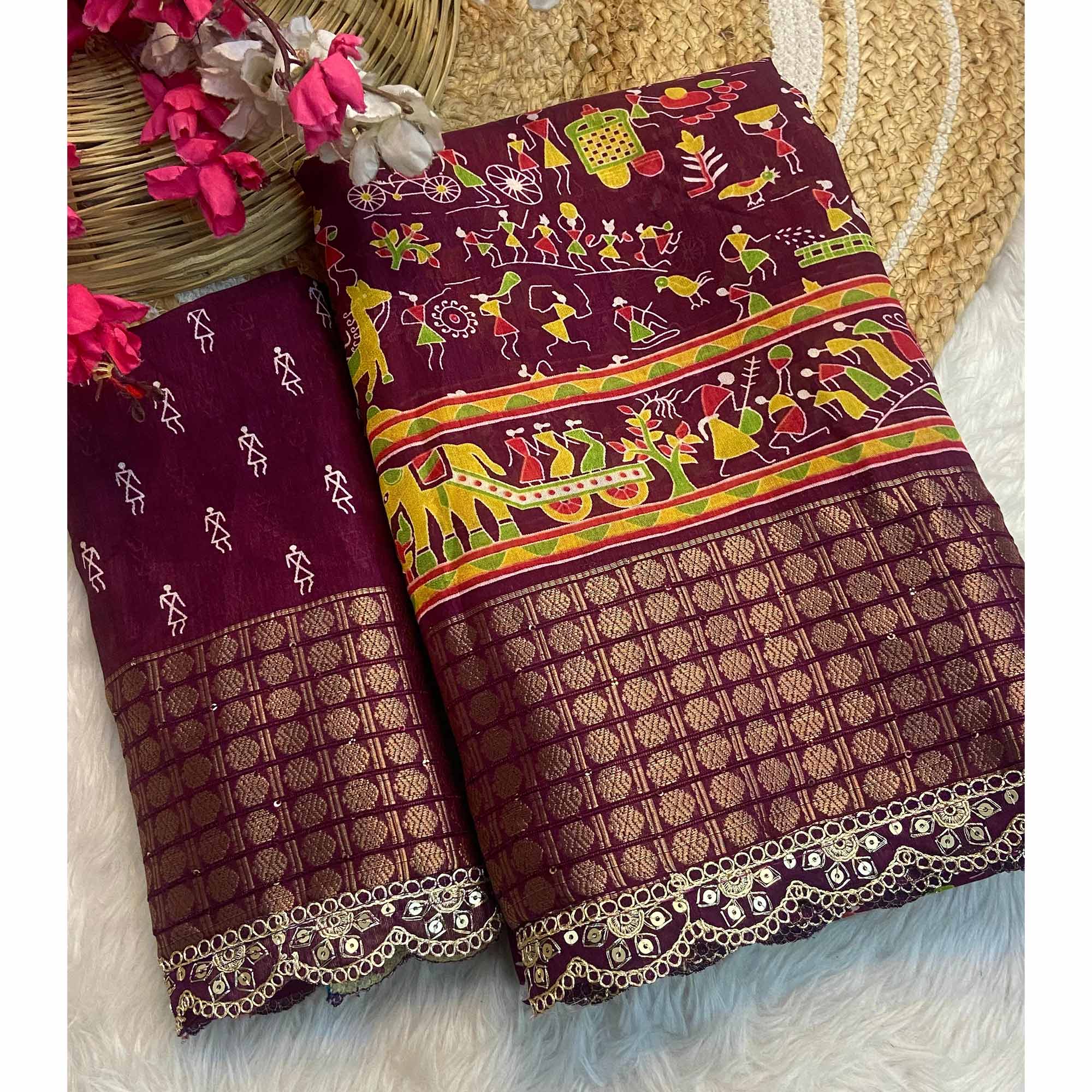 Wine Warli Printed Dola Silk Saree With Sequins Border