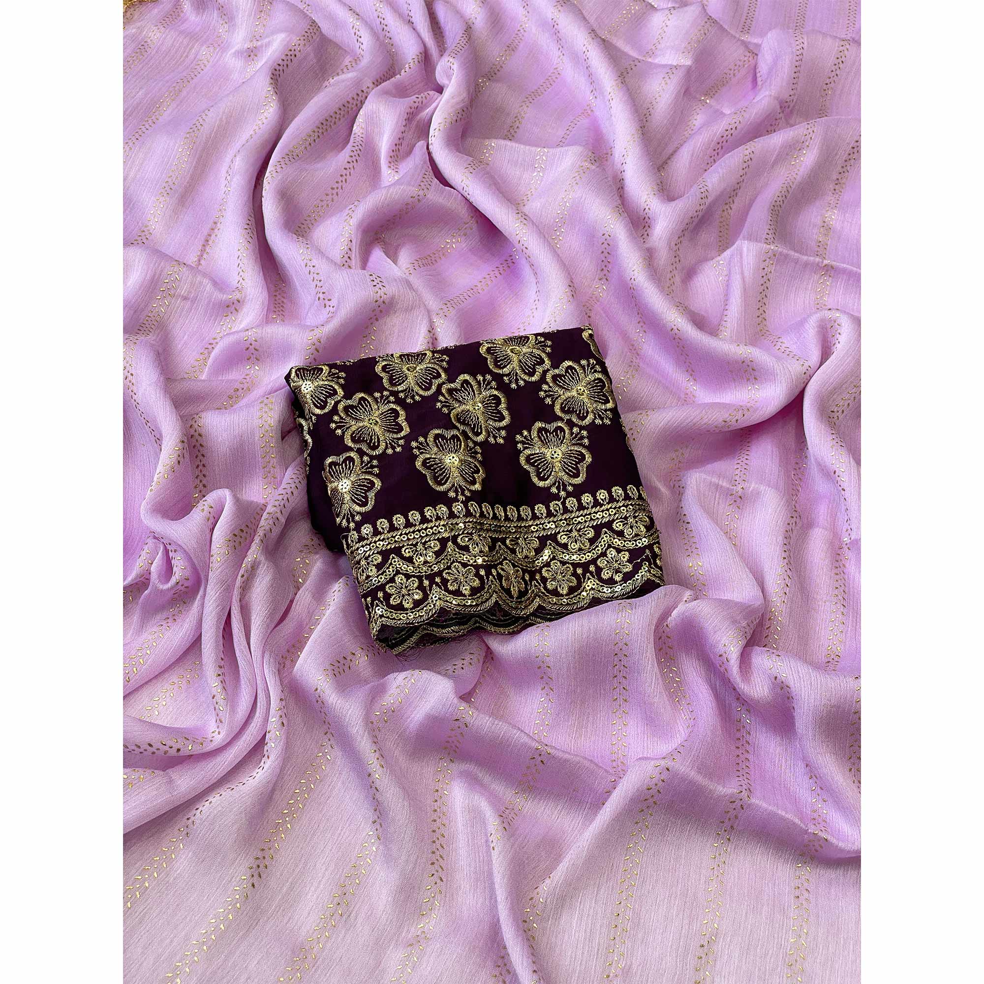 Lavender Chiffon Saree with Sleek Foil Printing and Flowing Lightweight Drape