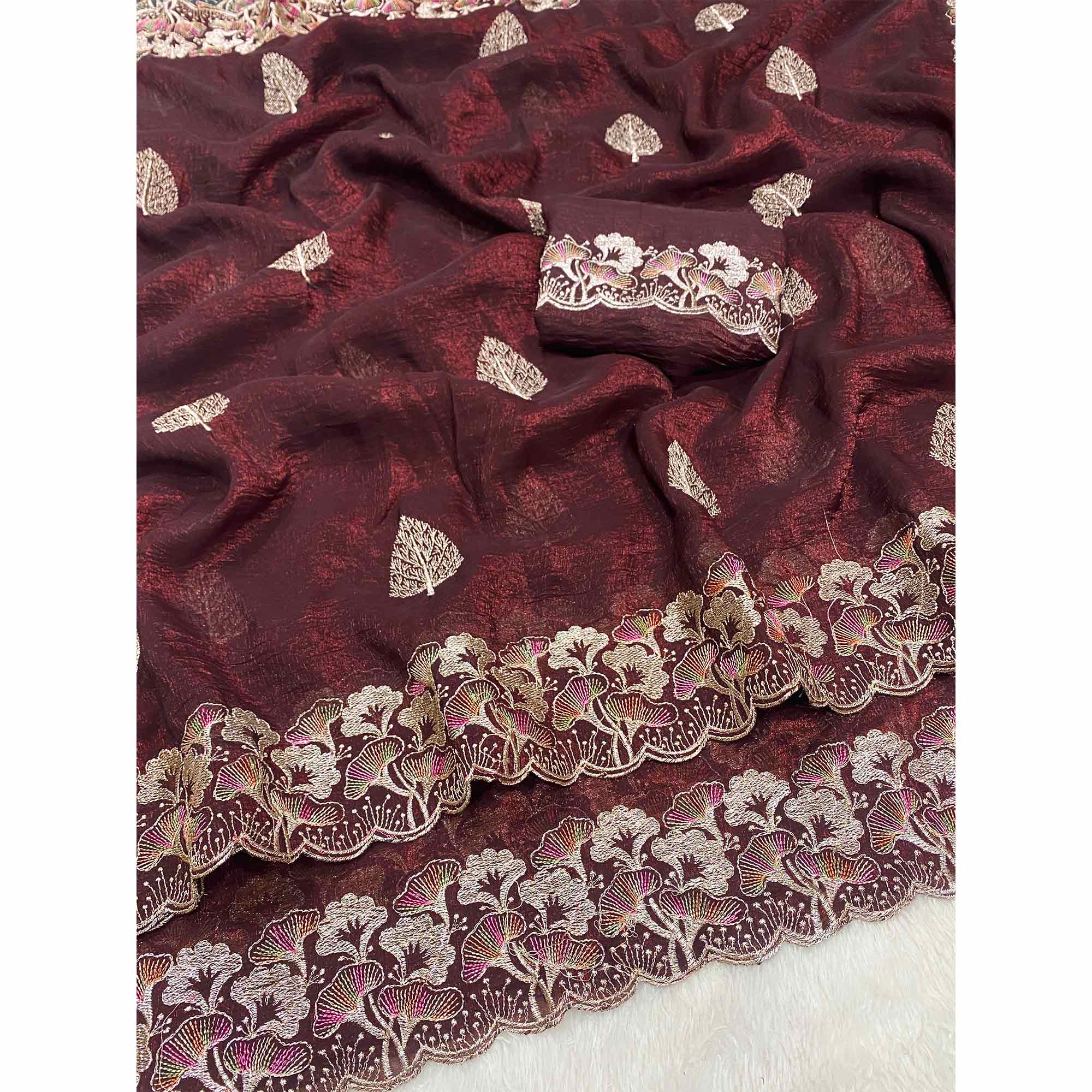 Maroon Embroidered Thread Work Saree in Flowy Chiffon Silk