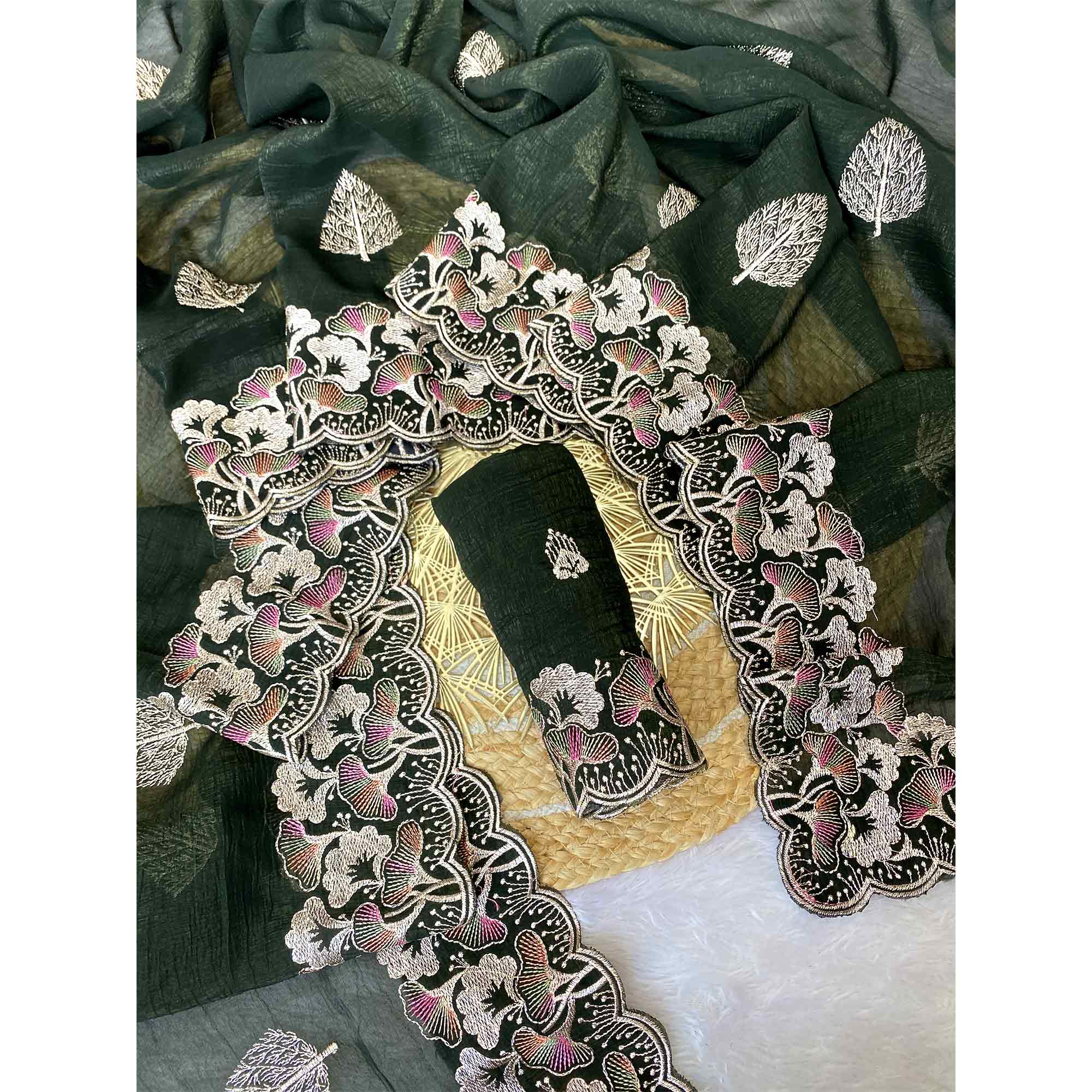 Mehendi Green Floral Embroidered Saree in Crunchy Silk Blend