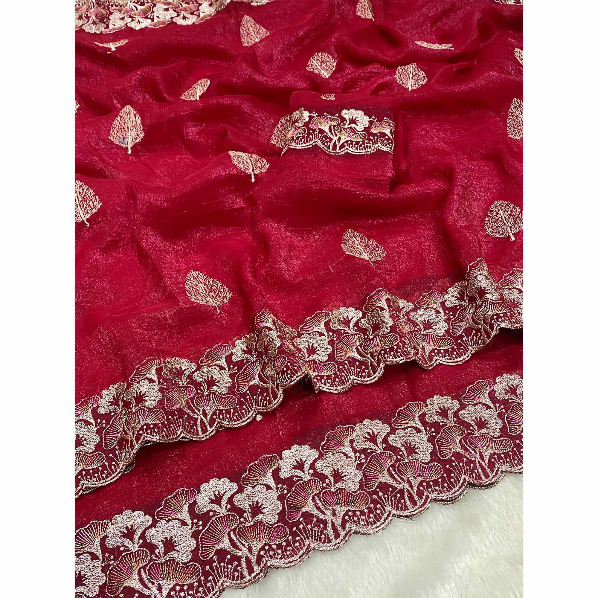 Red Embroidered Thread Work Saree in Flowy Chiffon Silk